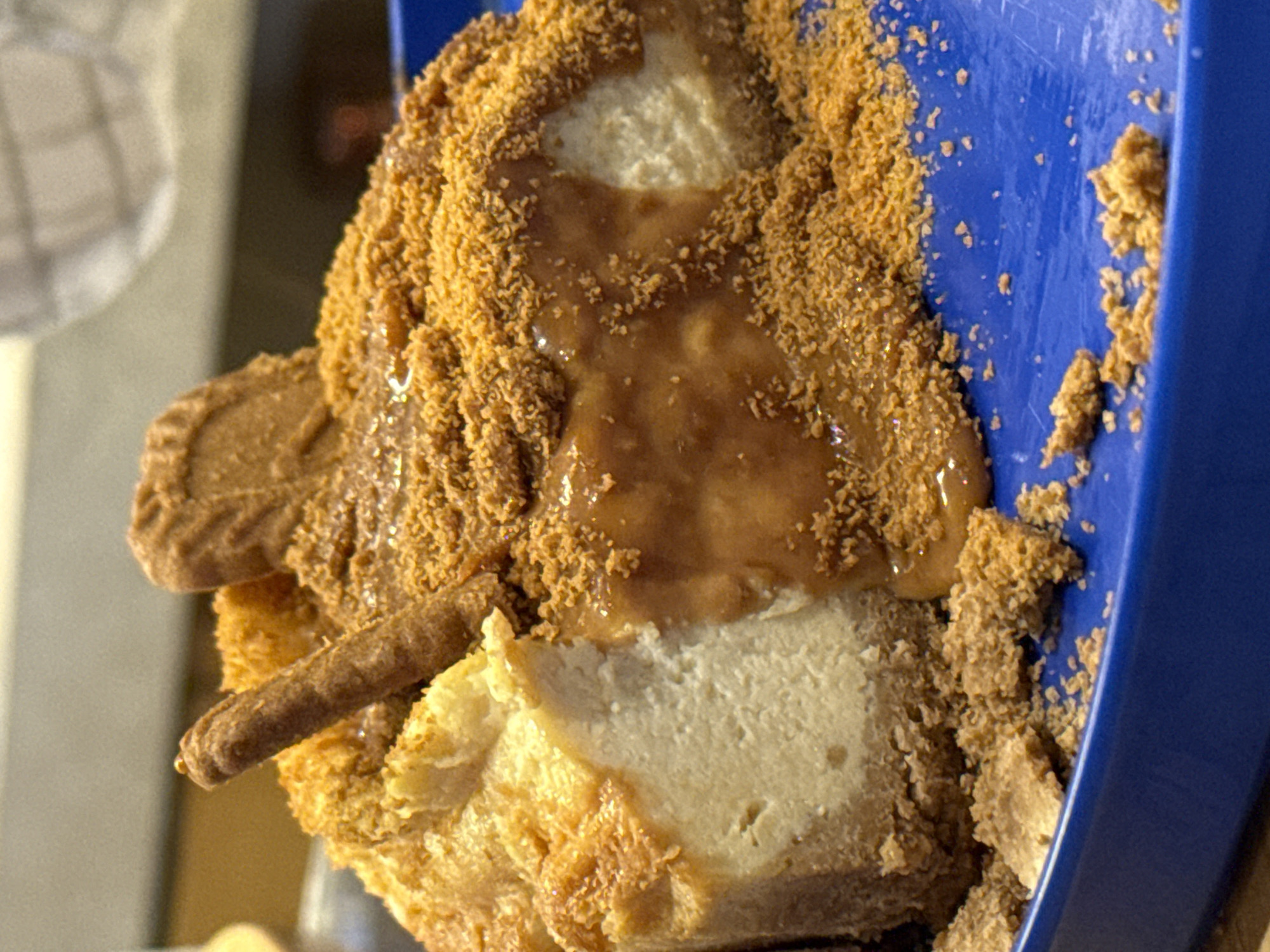 A close-up shot shows a dessert served on a blue plastic tray. The dessert consists of what appears to be bread or cake topped with a light brown sauce and a sprinkle of what looks like crumbled cookie crumbs. A whole cookie and a small cylindrical cookie stick rest against the side of the dessert. The lighting is soft, highlighting the textures of the dessert. The background is blurred, showing a kitchen counter, a person’s arm partially visible wearing a white and gray checkered garment. The setting appears to be indoors. There's no information to suggest the dessert location within Puebla, Mexico, or its vicinity.