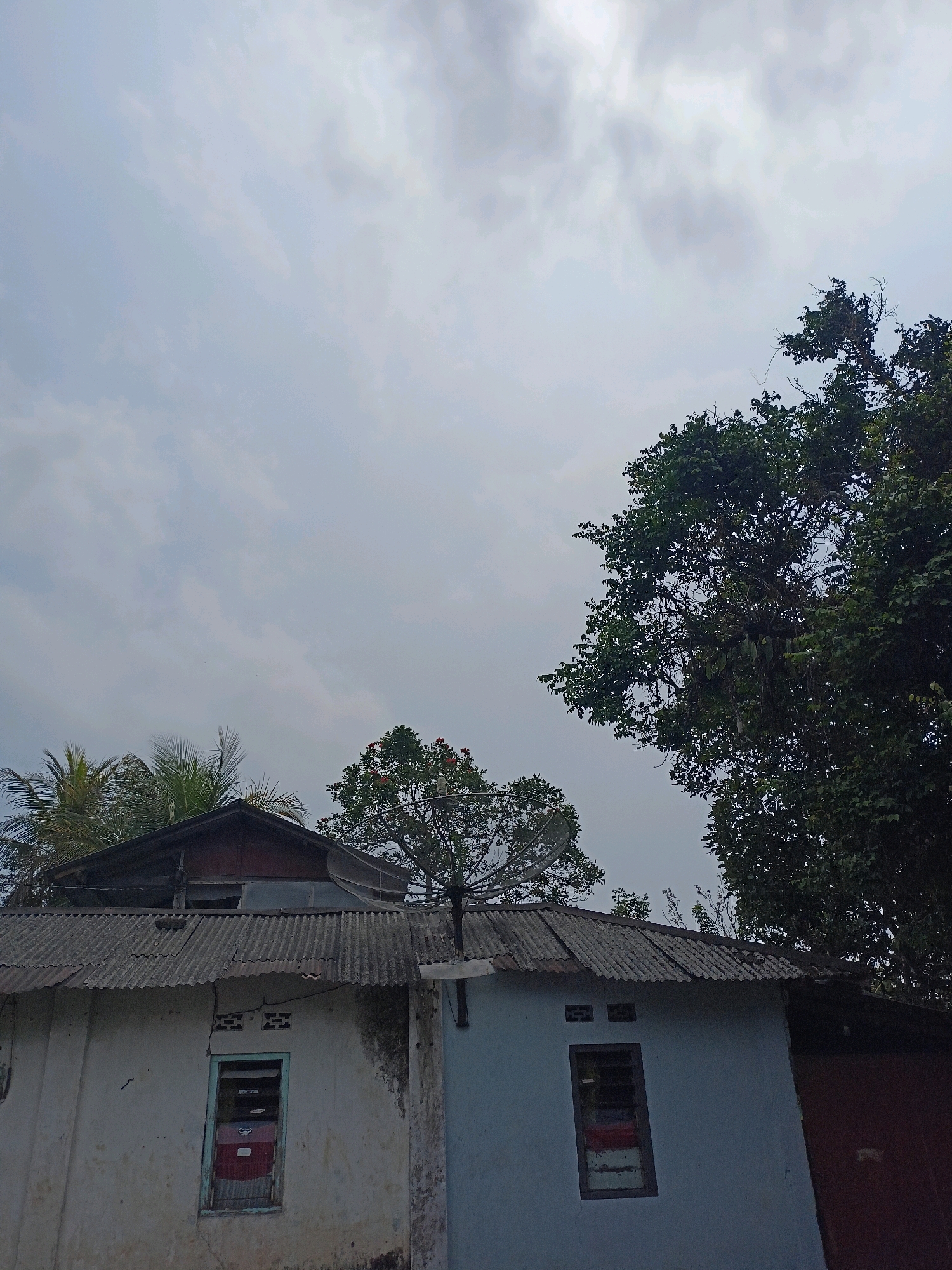 The image shows the rooftops of two adjacent, weathered houses under a cloudy sky. The house on the left has a light-colored, textured wall and a corrugated metal roof. A single window with a blue frame and a red interior is visible. The house on the right is painted light blue and also has a corrugated metal roof. It features a window with a dark frame. Several trees, including palm trees and a large tree with dark green foliage, are present, with a satellite dish visible on the roof of one of the structures. The overall impression is of a residential area in Wancen, Indonesia, characterized by modest architecture and lush vegetation under a muted sky.