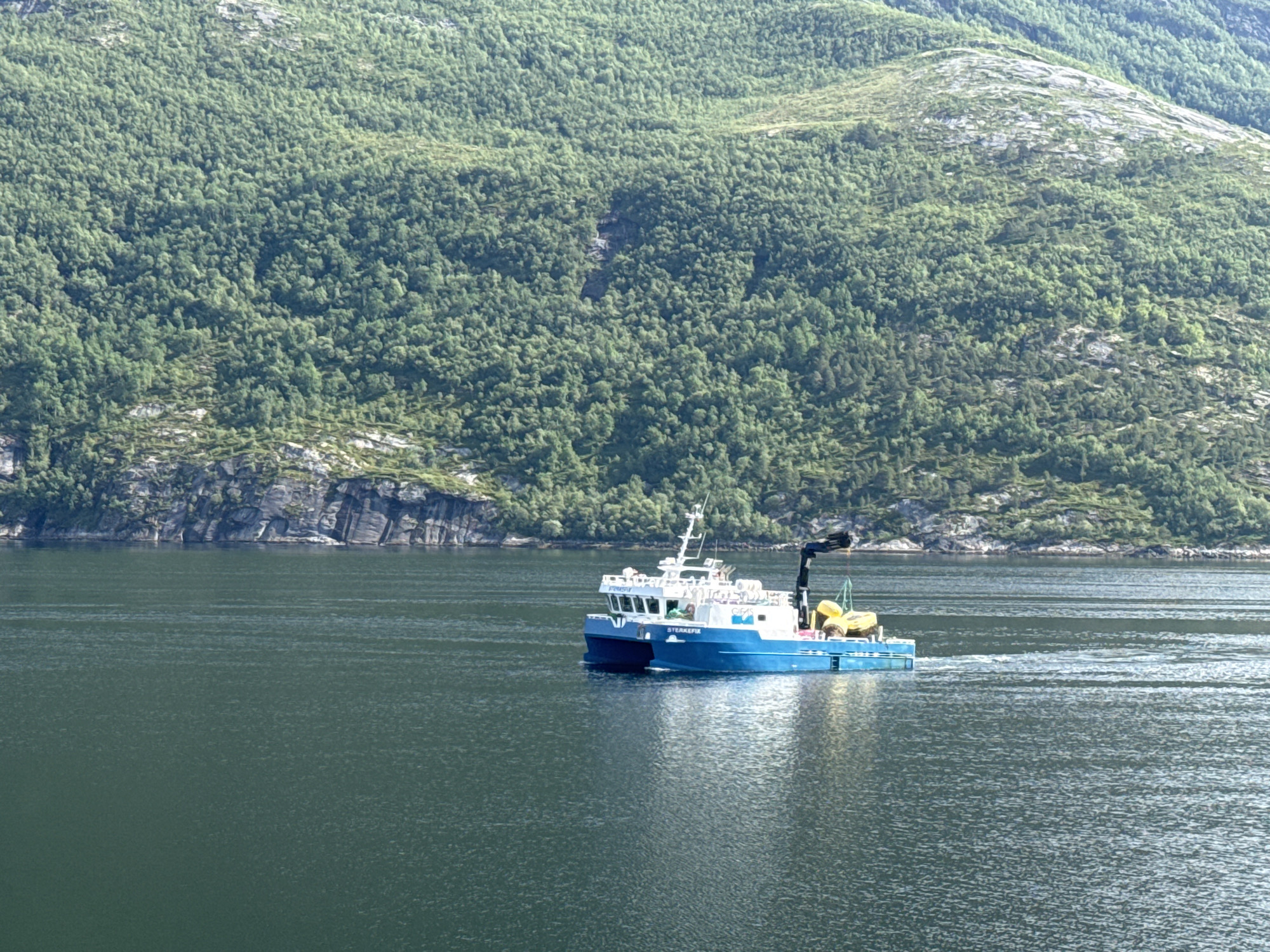 An aerial view captures a bright blue and white vessel, identified as "STERKEFIK" by the lettering on its hull, navigating through a dark, choppy body of water. The boat is equipped with a crane and what appears to be yellow buoys or flotation devices. In the background, a steep, lushly forested mountain slopes down towards the water's edge. The mountain is characterized by its dense green foliage interspersed with rocky outcrops and lighter green patches, suggesting varied terrain. The sky is not visible in the frame. The scene suggests a location within a Norwegian fjord, given the characteristic mountainous landscape meeting the water.