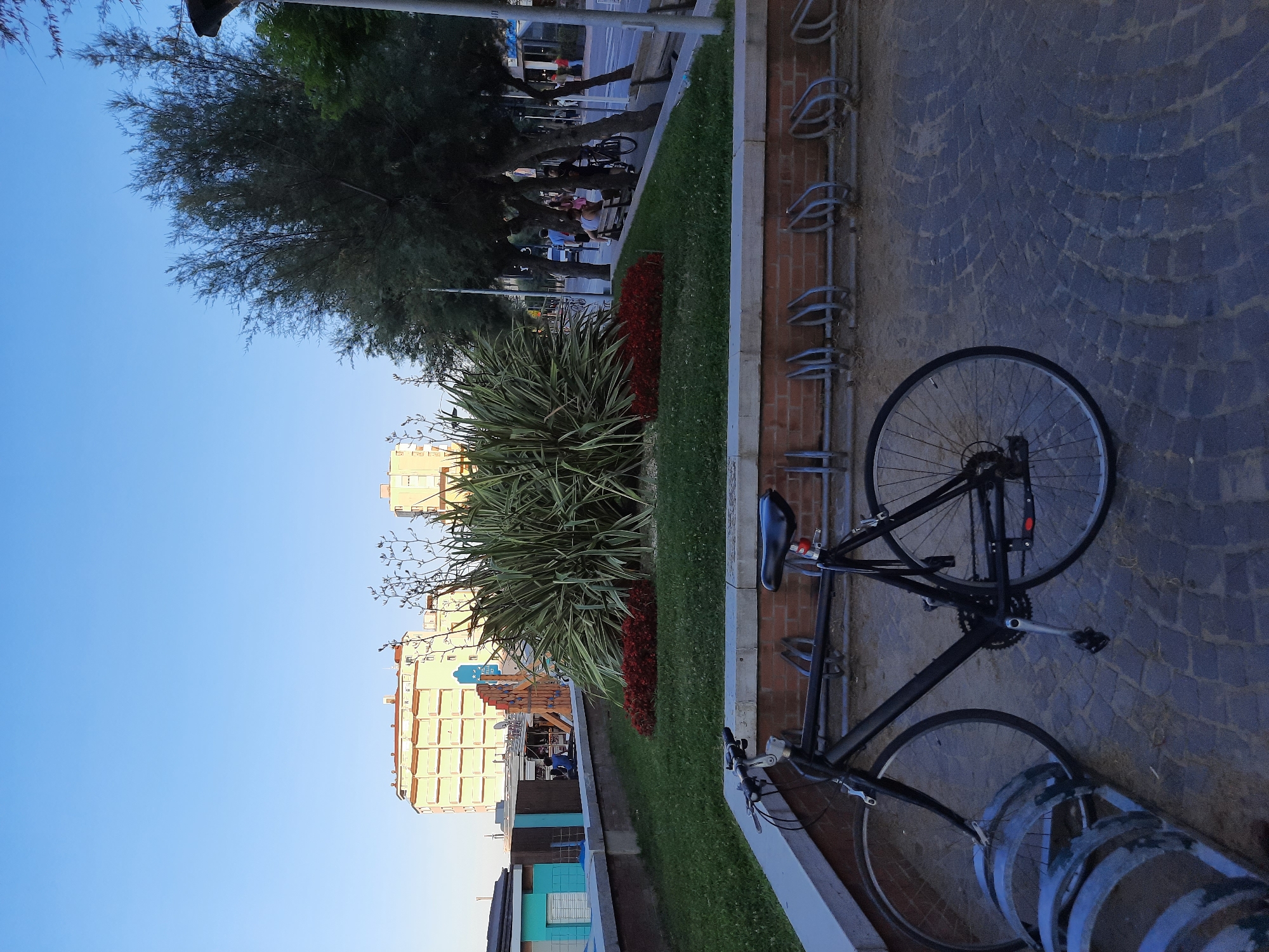 The image depicts a scene in Pesaro, Italy, likely near the coastline. In the foreground, a black bicycle is parked in front of a brick wall with bicycle racks. The bicycle is leaning against a curved metal bike rack. The ground is paved with cobblestones. Behind the bicycle and bike racks, there is a raised planter with lush green foliage and a bed of red flowers. Further in the background, several trees line a street, with people walking and some seated on benches. Buildings with light-colored facades and balconies are visible beyond the trees. The sky is clear and blue, suggesting it is daytime.