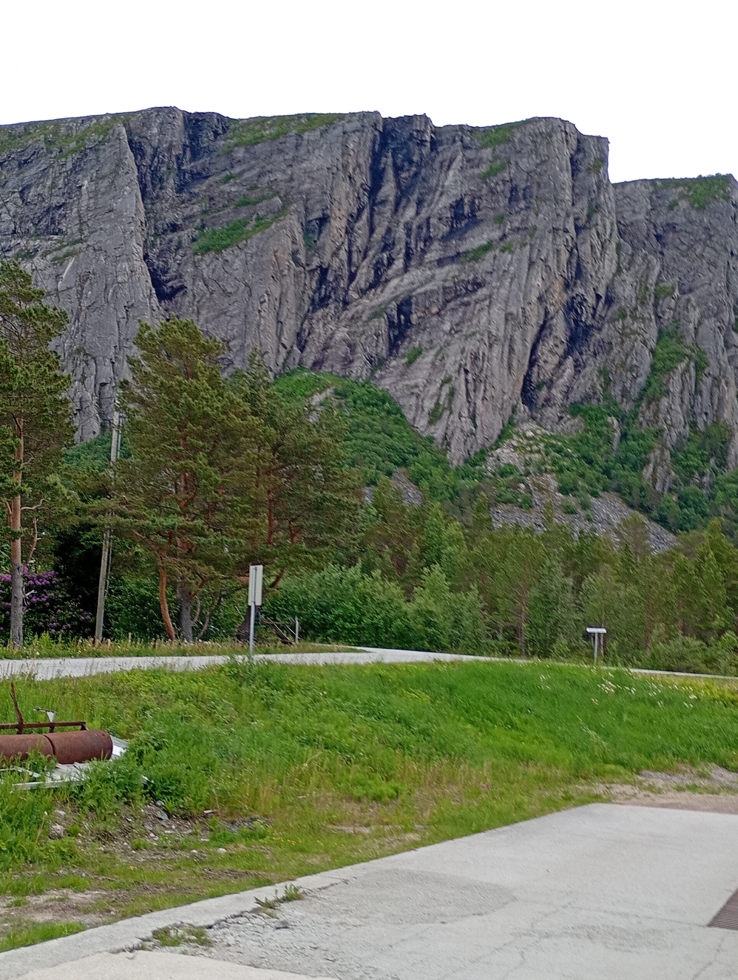 A wide shot captures a dramatic mountain face with steep, weathered rock formations and patches of green vegetation near the summit. The mountain dominates the background, with its rough, grey stone texture accentuated by vertical fissures and diagonal lines. Below the imposing rock face, a dense forest of pine trees and other green foliage blankets the hillside. In the foreground, a patch of lush green grass stretches across the scene, with a light-colored paved path running through it. A rusted metal object, possibly a large pipe, lies partially buried in the grass on the left side of the image. The sky above is a bright, hazy white.