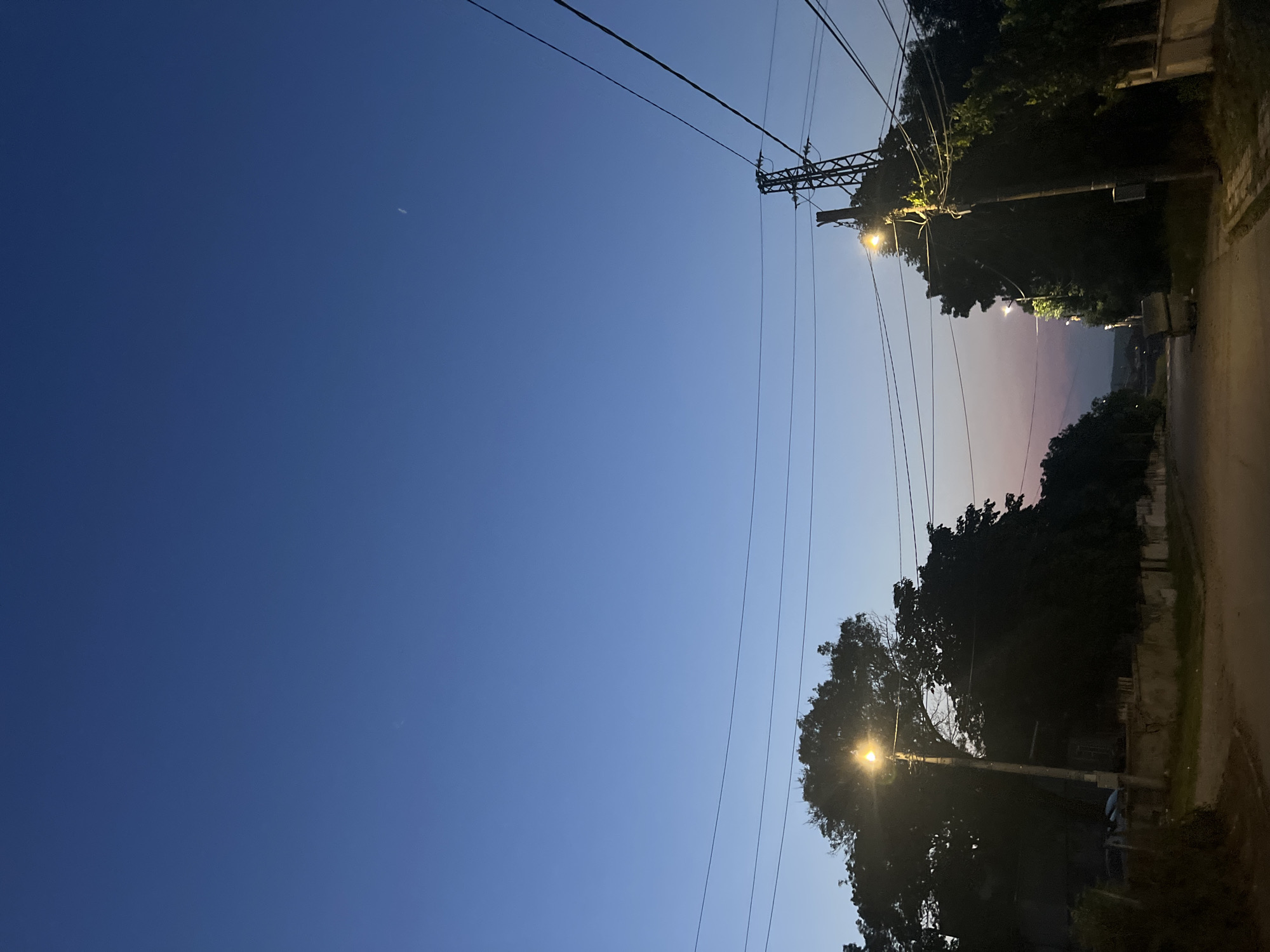This image, captured in Debelt, Bulgaria, depicts a rural street scene during twilight. The sky transitions from a deep blue overhead to a lighter blue at mid-level, with a faint pink and purple gradient visible along the distant horizon. A thin, white linear object, possibly a contrail, is faintly discernible in the upper right quadrant of the sky.
The scene is illuminated by artificial light from multiple yellow-orange streetlights. On the left side of the unpaved road, a utility pole with an active streetlight stands prominently, partially illuminating the dense foliage of a large tree behind it. Below the tree, a light-colored, low wall or fence is visible, alongside overgrown vegetation. Further into the background on the left, faint outlines of structures are discernible behind the trees.
On the right side of the road, a lattice-structure utility pole is present, also equipped with an active streetlight. Numerous black power lines extend across the frame at various elevations, connecting to these poles and traversing the sky. Dense, dark trees and bushes line the right side of the road, obscuring details beyond. A low wall or fence, similar to the one on the left, is also visible on the right. The unpaved road surface, which appears to be dirt or gravel, recedes into the distance, framed by the trees and utility infrastructure. No individuals or vehicles are present in the visible portion of the scene.