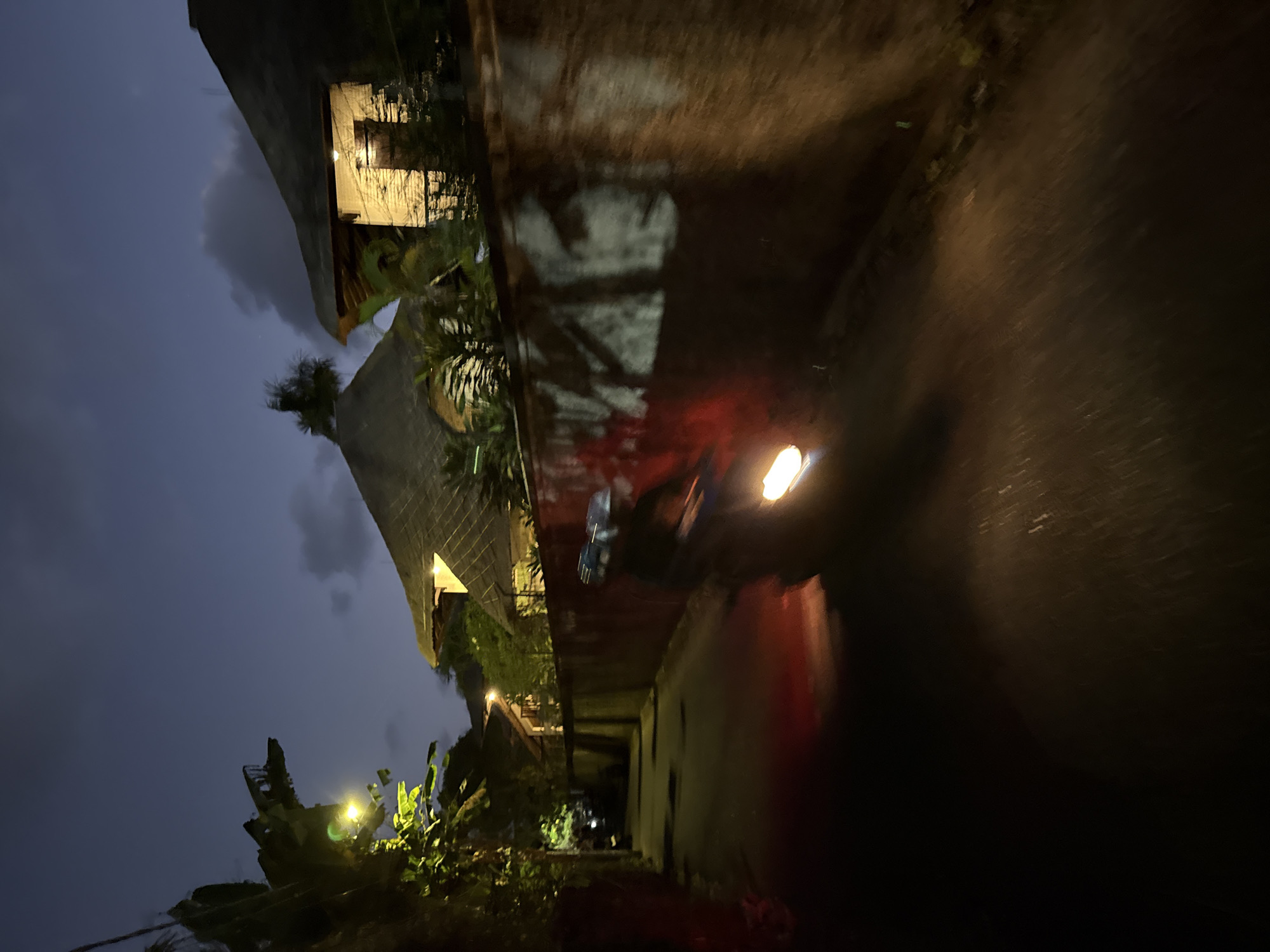 A low-light, motion-blurred photograph captures a narrow alleyway at night in Denpasar, Indonesia. The alley is flanked by a red-hued wall on the right, adorned with dappled shadows of foliage. On the left, lush green vegetation and a light fixture illuminate a section of the path. Beyond the wall, traditional Indonesian-style buildings with thatched roofs are visible, their windows emitting a warm, yellowish light. In the foreground, a person riding a scooter is moving through the alley, their headlight and taillight creating streaks of light due to the motion blur. The sky above is a deep twilight blue with scattered clouds. The overall impression is one of a quiet, nocturnal scene in a tropical urban environment.