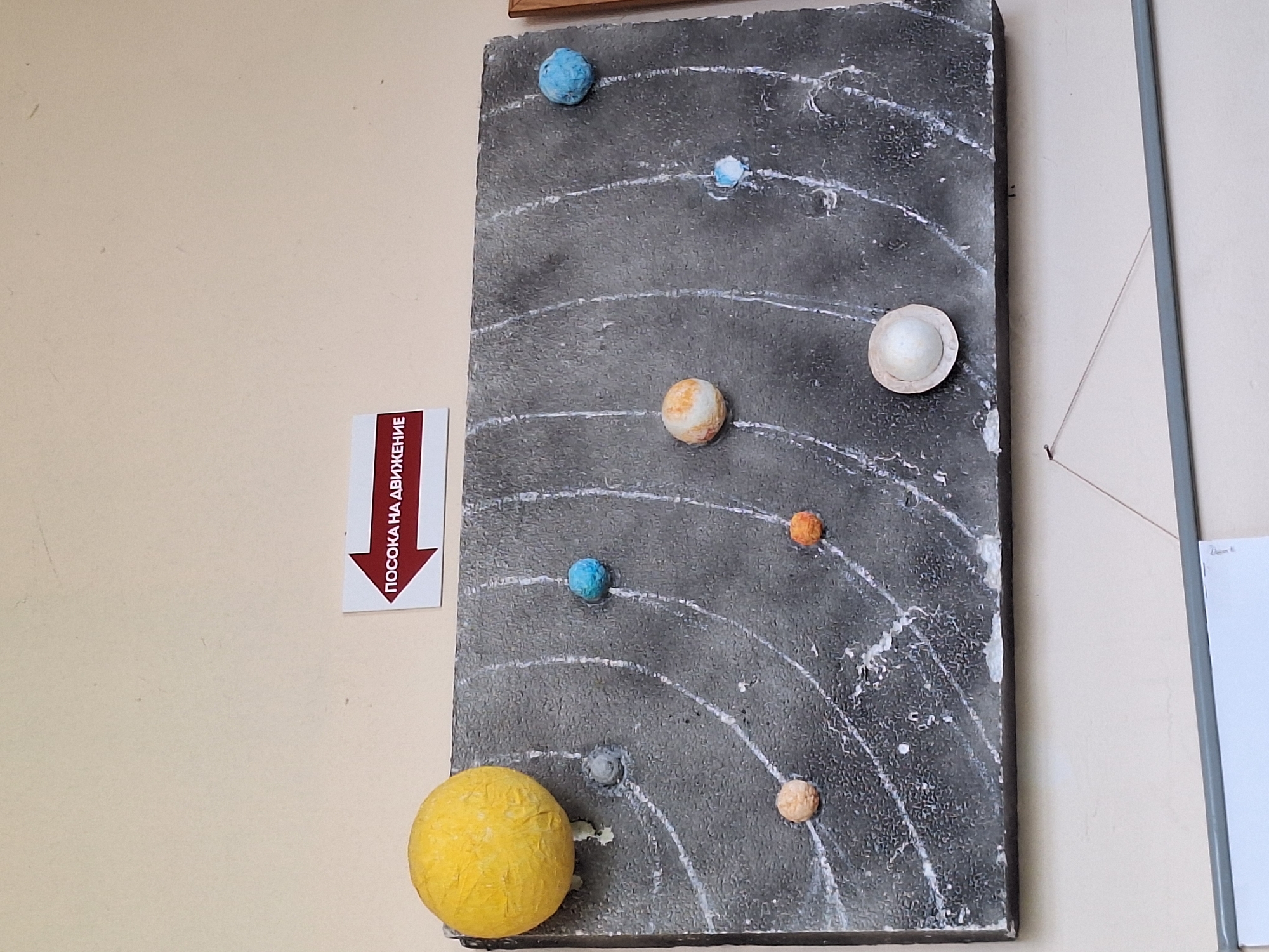 The image shows a diorama of the solar system mounted on a wall, likely in an educational setting. The diorama is a flat, dark gray rectangular board with concentric white lines representing planetary orbits. Various spherical models, representing celestial bodies, are attached to these orbits.
The largest sphere, colored yellow and positioned on the far left, appears to represent the Sun. To its right, several smaller spheres of different colors and sizes are scattered along the orbital paths. These include gray, blue, orange, and a lighter-colored sphere. A white arrow sign with red text pointing left is affixed to the wall above the diorama, with the Russian text "ПОСОКА НА ДВИЖЕНИЕ" (Direction of movement) visible.
The wall behind the diorama is a neutral, light-colored surface, possibly painted. Below the diorama, a thin gray rod runs horizontally, and a thin wire hangs from it, suggesting it might be part of a display or mounting system. The overall lighting suggests an indoor environment.
While the image itself does not explicitly state its location within Varna, Bulgaria, the Russian text on the directional sign implies a connection to a region where Russian or a closely related Cyrillic script is understood, which is common in parts of Eastern Europe including Bulgaria. Without further contextual information, pinpointing the exact location within Varna is not possible based solely on this image. The diorama appears to be a handmade educational model.