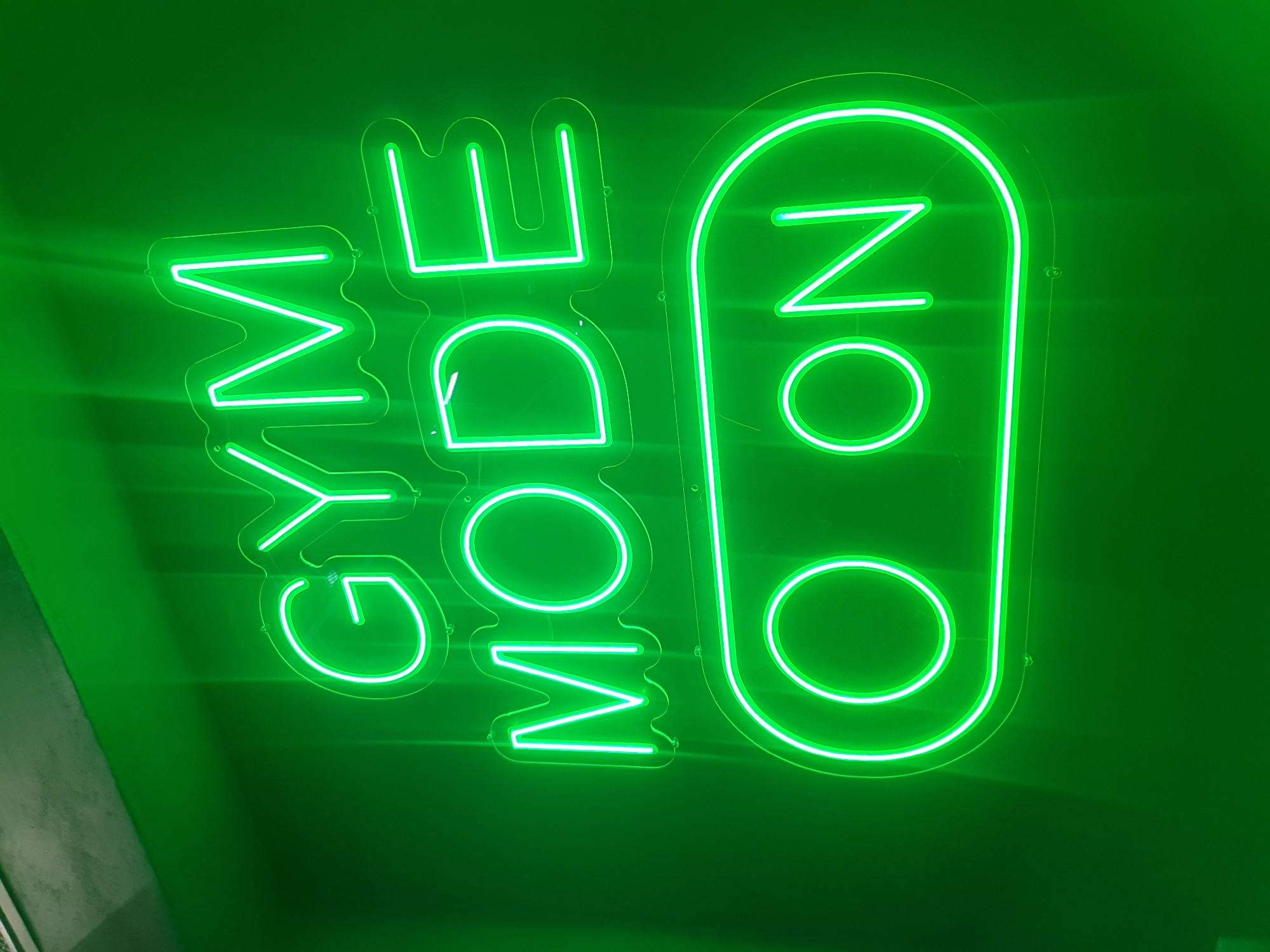 A neon sign, illuminated in bright green, displays the text "GYM MODE" stacked vertically on the left and "ON" rendered within a rounded rectangle resembling a power switch on the right. The background is a uniform green surface. The sign appears to be wall-mounted, possibly in a gym. The sign is located in the city of Plovdiv, Bulgaria.