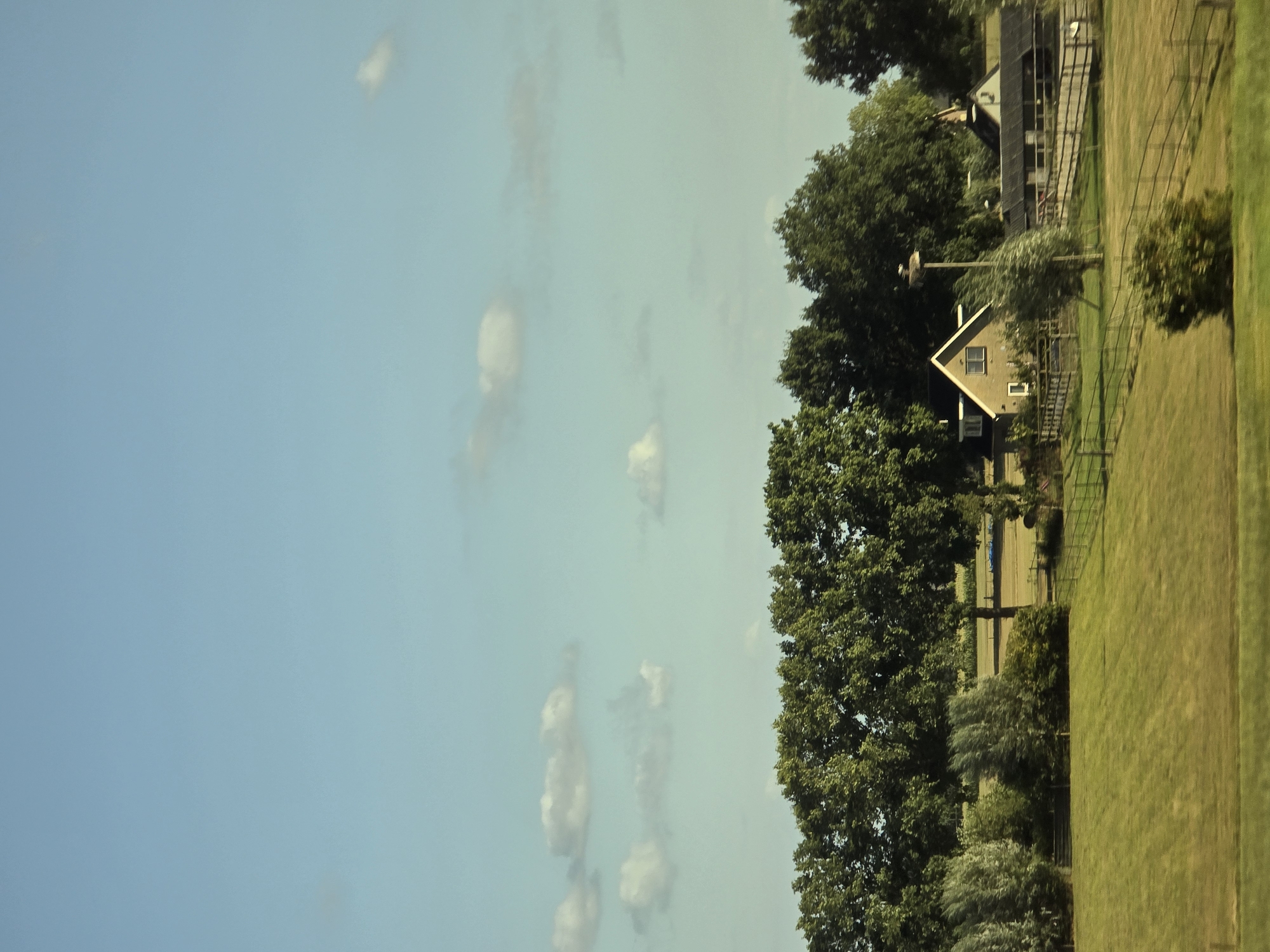 The image depicts a rural landscape under a clear blue sky with scattered white clouds. In the foreground, a gently sloping green field is visible, bordered by a rustic wooden fence. Several trees of various sizes and types dot the landscape, with a dense line of mature trees forming a backdrop across the middle ground.
Prominently featured in the middle ground are several farm buildings. A light-colored house with a triangular roof and windows stands on the left side, with a smaller building with a darker roof to its right. A tall pole with what appears to be a stork's nest is situated between these structures, with a bird visible in the nest. The buildings are surrounded by more fencing and trees.
The overall impression is one of a tranquil, rural setting, likely a farmstead in the countryside. Based on the prompt's specification, this scene is located in Klarenbeek, Netherlands. The lighting suggests it is daytime, possibly late afternoon due to the warm tones on the grass. No people are visible in the image.
