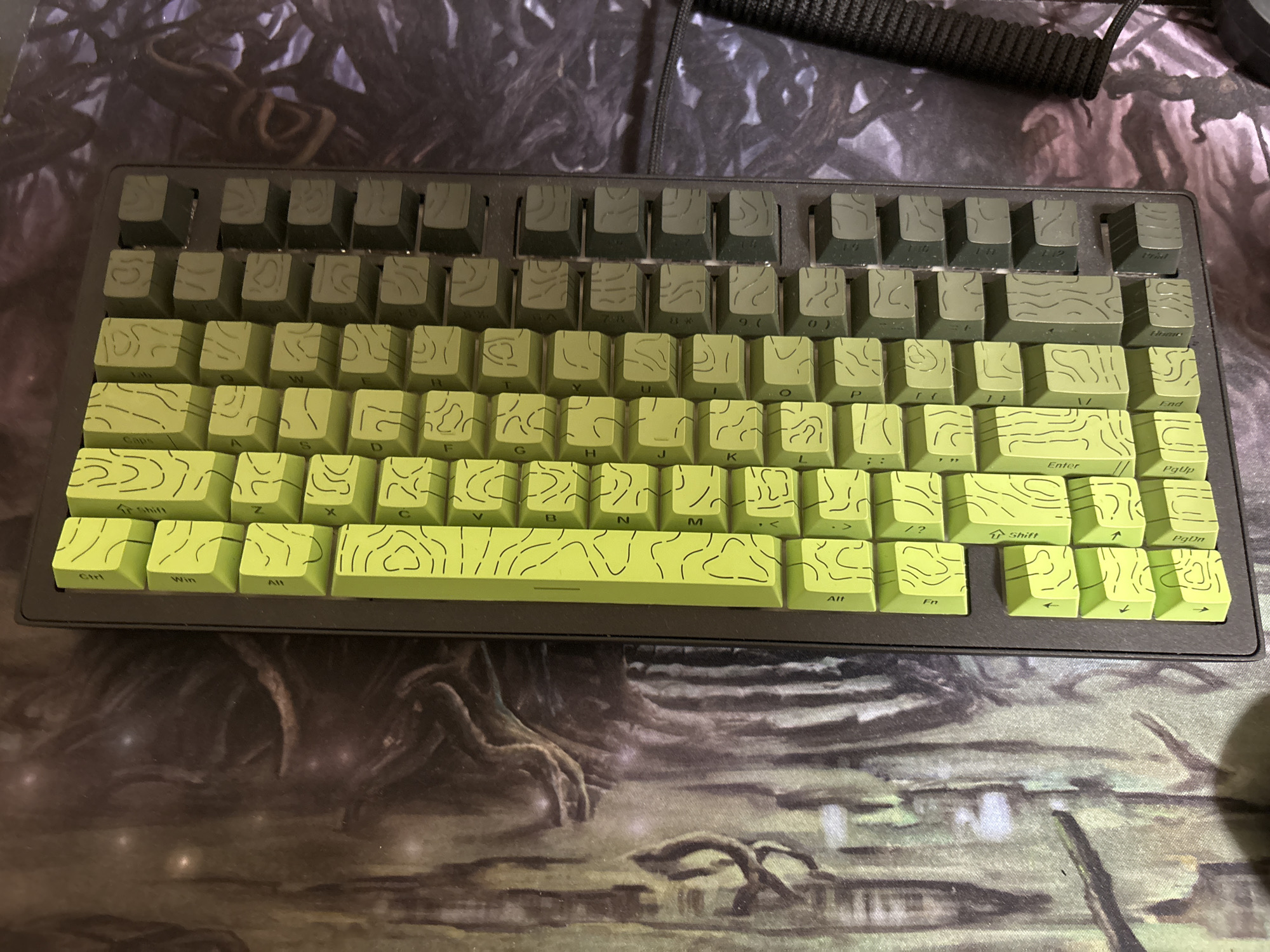A top-down medium shot depicts a mechanical keyboard with custom keycaps. The keycaps are in a gradient pattern, starting with a light yellow-green color at the bottom and gradually transitioning to a dark olive green at the top. Each keycap features a topographic map-like pattern in a darker shade. The keyboard is positioned on a dark mousepad with a fantasy-themed landscape design, likely depicting trees and a misty background. A coiled cable, possibly for the keyboard, is partially visible in the upper right corner. The scene appears to be set indoors, on a desk or flat surface. There is no information in the image to determine its location in Sofia, Bulgaria.