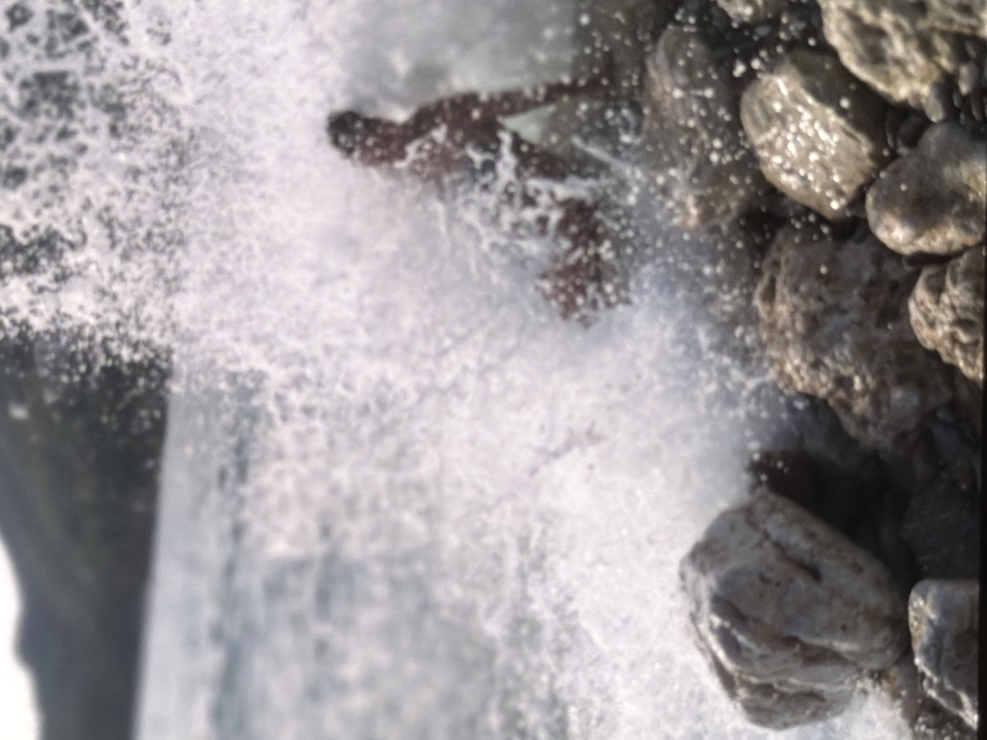 A person is being splashed by a wave on a rocky shore. The person is a dark silhouette against the white spray of the wave. The person is leaning forward, and their body is partially obscured by the water. The rocks in the foreground are large and rough, and they are wet from the wave. The water is a deep blue, and the sky is a light gray. The image appears to be taken from a low angle, looking up at the person and the wave. The background is blurred, but it appears to be a hilly, mountainous landscape. The overall impression is one of power and dynamism, as the wave crashes over the person.
