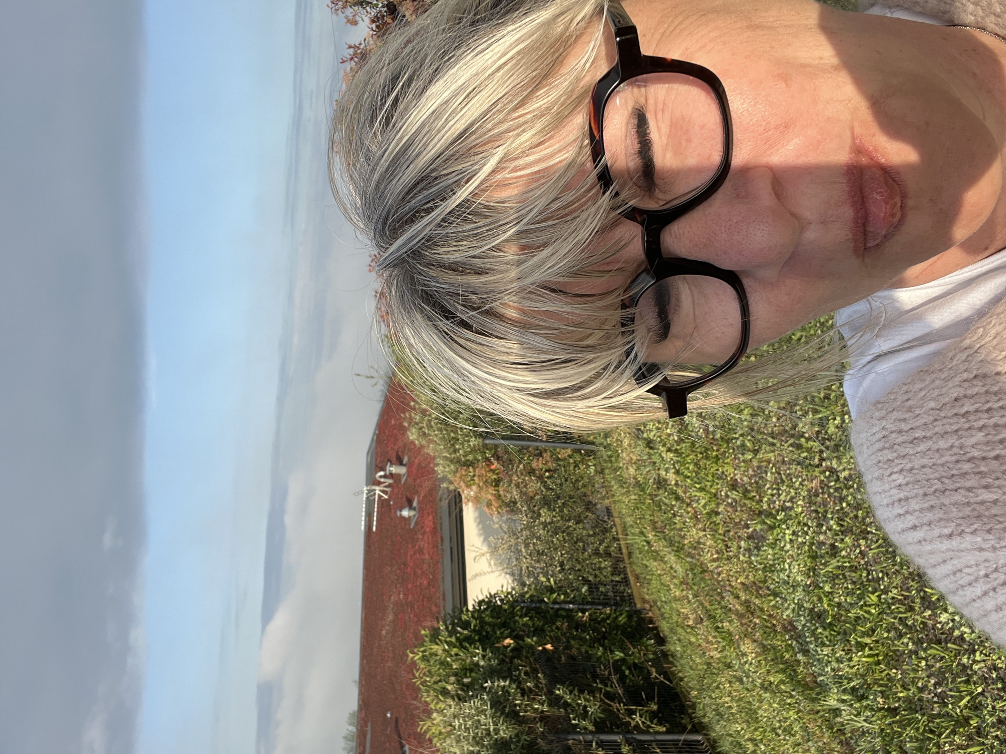 A close-up, outdoor selfie shows a woman with light blonde and graying hair, wearing black-rimmed glasses, and a light-colored sweater. She appears to be standing outside, based on the green grass and foliage visible in the background. Behind her, a building with a red, possibly ivy-covered, exterior wall is present. In the distance, there is a view of what seems to be a body of water partially obscured by clouds or fog. The photograph was taken in Chambœuf, France.