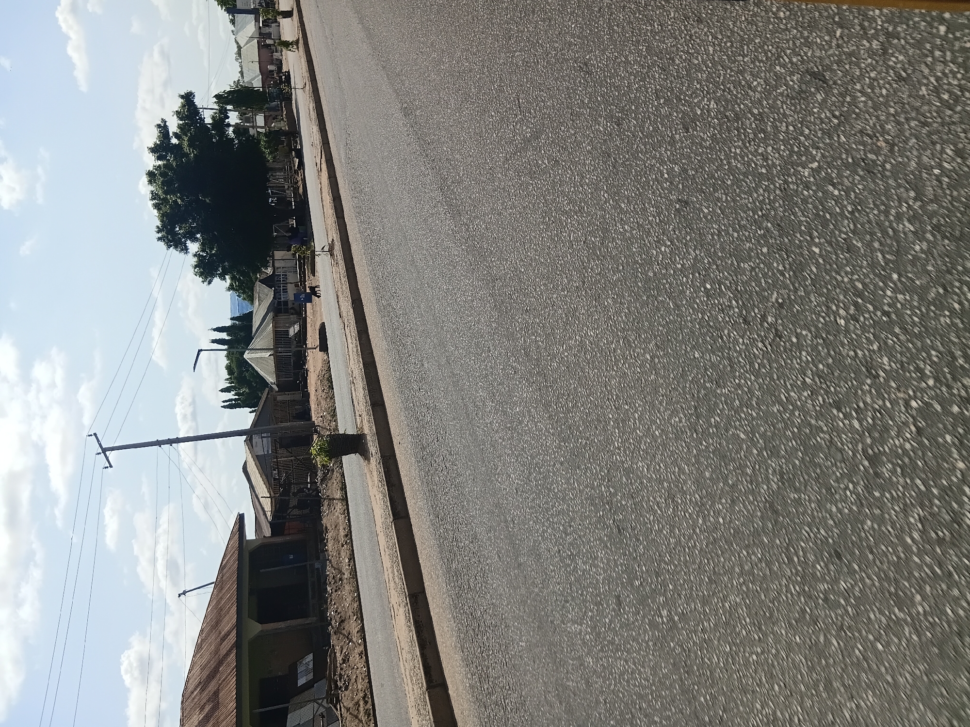 The image depicts a street scene in Jalingo, Nigeria. The foreground is dominated by a paved road, likely asphalt, with a textured surface. To the left, a sidewalk or shoulder runs alongside the road, separated by a curb. Beyond the sidewalk, there are several structures. The closest building on the left appears to be a single-story building with a corrugated metal roof and visible support beams. Further down the street, other buildings with similar roofing materials are visible, suggesting a residential or commercial area. A utility pole with overhead wires stands prominently on the left side of the road. Several trees are scattered throughout the scene, including a large, mature tree with dense foliage in the mid-ground. The sky is partly cloudy with a bright, sunny appearance. A small, dark-colored dog is visible on the left side of the road in the mid-ground, walking away from the camera. The overall impression is of a typical street in a town or city in Nigeria on a clear day.