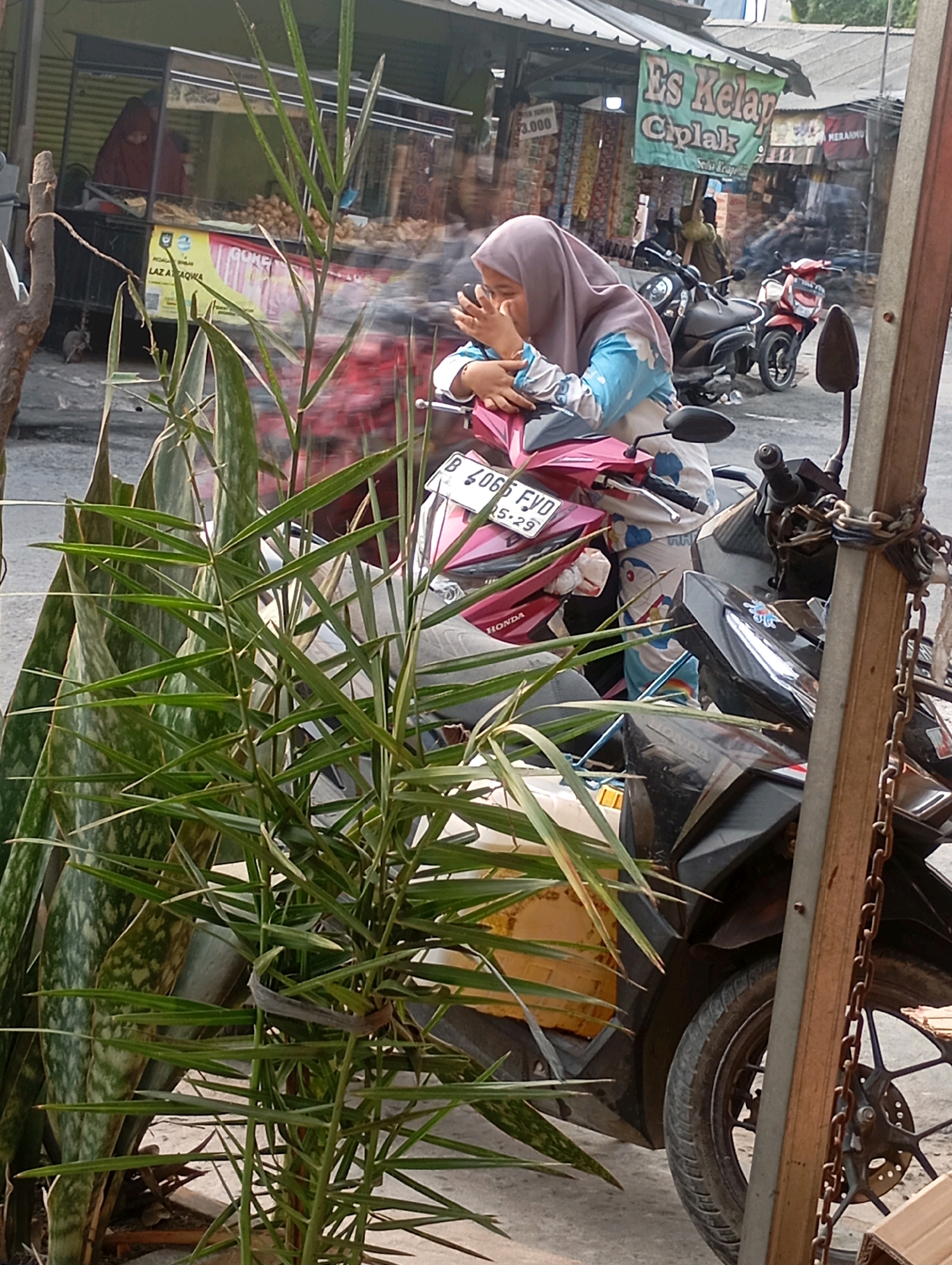 In Babelan, Indonesia, a young woman wearing a light purple hijab and a blue and white patterned shirt is seated on a pink and black scooter. She is holding her hand up to her face, and her eyes are closed, suggesting she is either sleeping or deep in thought. In the background, a food stall with a green awning advertising "Es Kelapa Ciplak" (Coconut Ice) and "Sodap Keipa" is visible. Several motorcycles are parked nearby. Lush green plants, including snake plants and bamboo, are in the foreground, partially obscuring the view of the woman and the scooters. The scene appears to be set on a street or sidewalk, with a concrete ground visible. The overall atmosphere is relaxed and casual, indicative of daily life in a local Indonesian community.