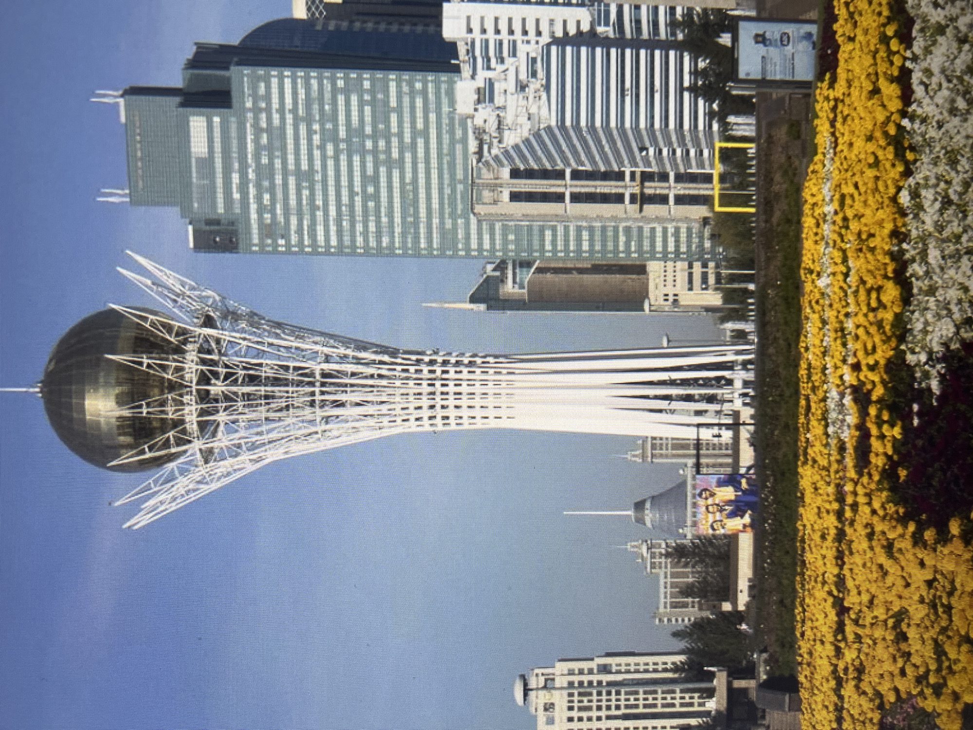 The image shows a panoramic view of Astana, the capital of Kazakhstan, featuring the iconic Bayterek Tower as the central subject. The tower is a futuristic structure with a spherical golden dome atop a slender, white, lattice-like stem, surrounded by a futuristic cityscape dominated by modern high-rise buildings. In the foreground, a vibrant flowerbed displays a profusion of yellow and white flowers, adding a splash of color to the urban landscape. The sky is clear and blue, suggesting fair weather. The overall scene depicts a modern and developing city with a blend of architectural styles. The location is the city of Astana, not Qarağandı.
