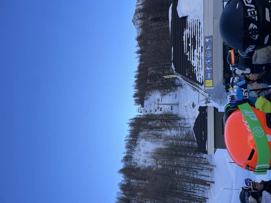 The image captures a bright, clear day at a bustling ski resort, likely Courmayeur, Italy. The scene is dominated by a brilliant, cloudless blue sky filling the upper portion, suggesting excellent weather conditions for skiing.
In the foreground, several individuals are visible, likely skiers or snowboarders, waiting at what appears to be a ski lift station. Their heads and shoulders are shown, equipped with helmets and goggles. A prominent feature is a person wearing a vibrant orange helmet with a lime green strap, displaying the brand "POC" and partially visible text "DIF" on the strap. Another individual wears a dark helmet with "SKI" visible and blue goggles.
To the right, a multi-story building, presumably part of the ski lift infrastructure, stands with a dark, corrugated roof partially covered in fresh snow. On its side, a series of informative signs are visible: several blue square panels with white pictograms illustrating permissible activities or passengers for the lift, including a person boarding, two people on a chair, a person with a dog, and a person with a bicycle. Below these, a yellow circular sign with the number "1" in black is displayed.
Beyond the building, a snowy ski slope extends into the background, flanked by numerous bare trees, their dark branches contrasting with the white snow. Further up the slope, several ski lift towers and chairs are visible, ascending the mountain. In the far background, rugged, snow-capped peaks rise against the clear sky. The overall impression is one of a lively winter sports environment on a beautiful, sunny day.