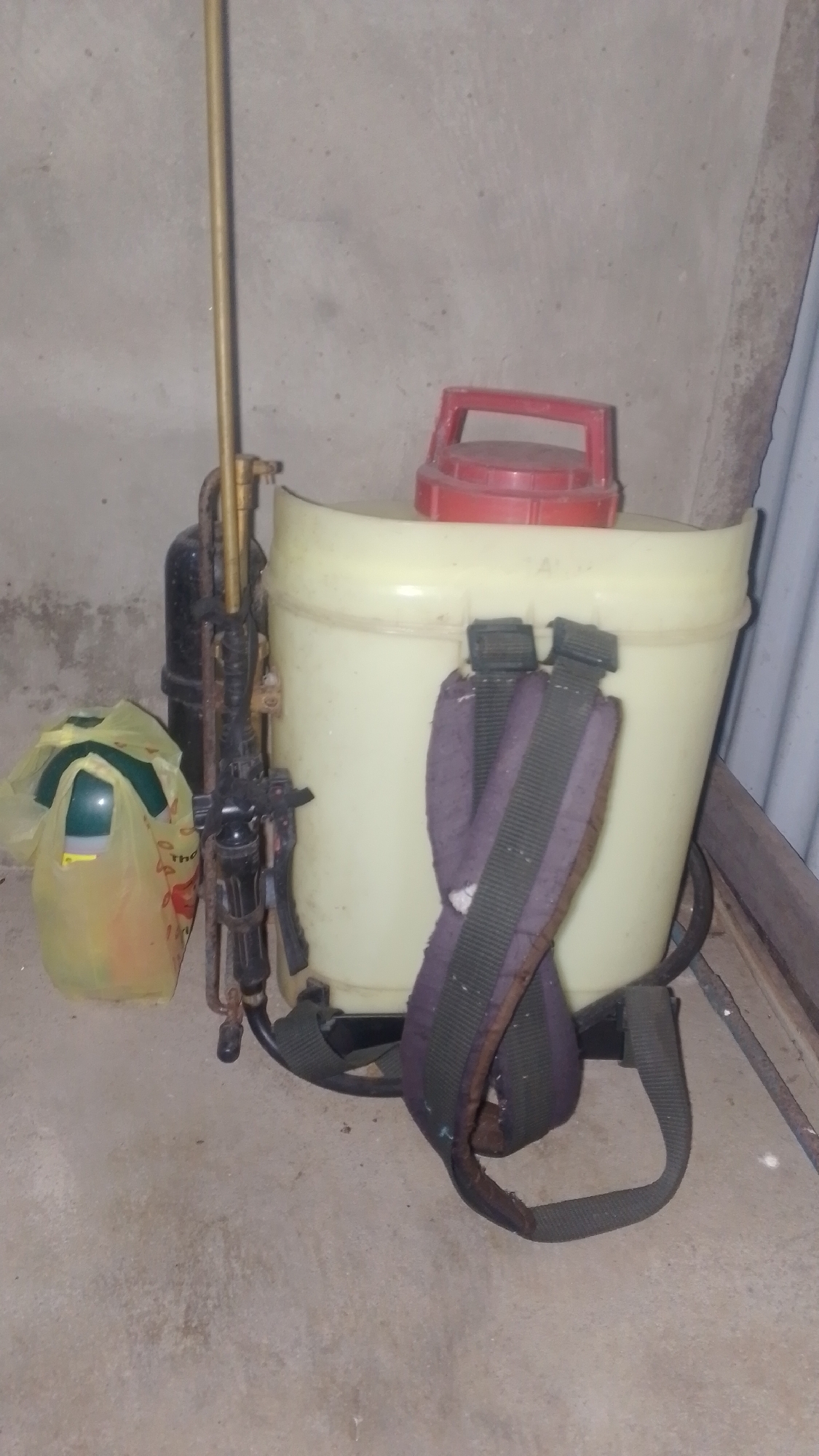 A manual backpack sprayer is depicted in a slightly cluttered indoor setting. The sprayer is light yellow with a red lid and has straps for carrying. It is positioned next to a black cylindrical tank. To the left of the sprayer, a yellow plastic bag with a green lid is visible. The objects are resting on a concrete floor, and a grey concrete wall forms the background. The scene appears to be an interior storage area, possibly in Olak-Olak Kubu, Indonesia, given the information. There are no people or animals present in the image.