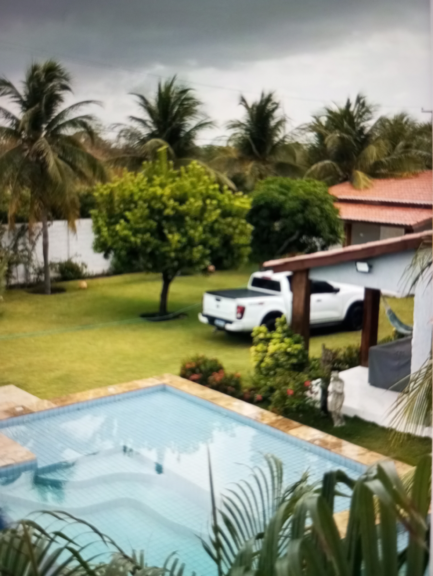 A white pickup truck is parked on a grassy lawn in a backyard. A swimming pool is in the foreground. Palm trees and other foliage are visible. A house with a red tile roof is in the background. The sky is overcast. There are no people in the image. The image does not contain any recognizable landmarks or elements that would suggest the location is Zahorna, Moldova.