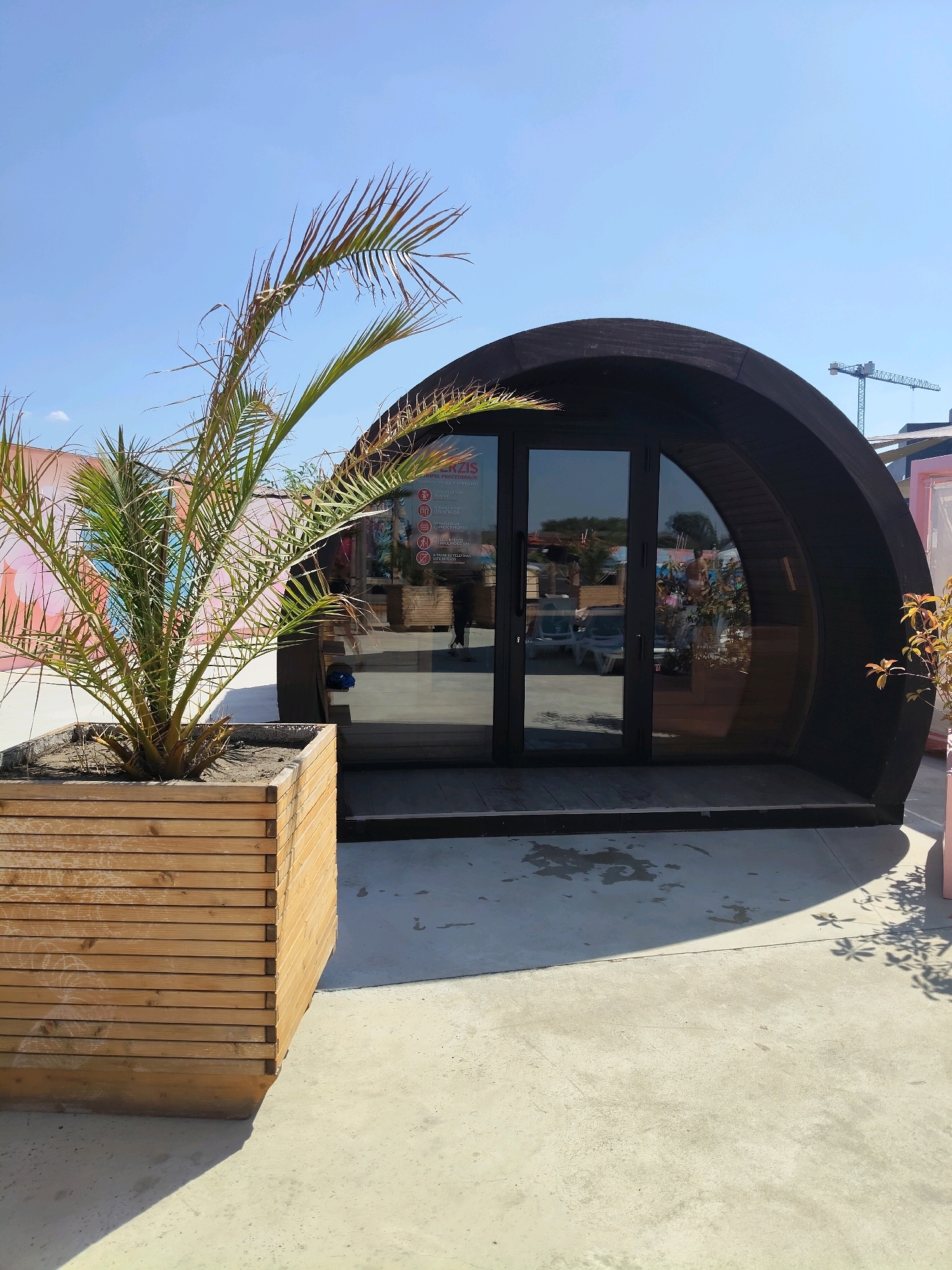 The image shows a modern, dark-colored, arched-roof structure with large glass doors, likely a kiosk or small building, situated outdoors on a paved surface. A large wooden planter box containing a palm tree is positioned to the left of the structure. In the background, a construction crane is visible against a clear blue sky. The ground is concrete, with some shadows cast by the tree and the structure. Reflections in the glass doors suggest an outdoor environment with lounge chairs and possibly water features. The overall scene appears to be a commercial or recreational area. There is no information in the image to suggest it is located in Chișinău, Moldova.