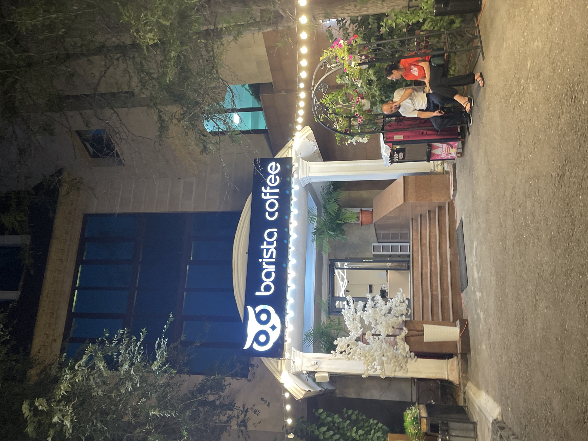 A street-level, outdoor, medium-wide shot captures the exterior of a coffee shop at night in Almaty, Kazakhstan. The coffee shop features a prominent sign with an owl logo and the text "barista coffee" in white illuminated letters against a dark background. The entrance is marked by a white portico with decorative columns and steps leading up to an open doorway. String lights with yellow bulbs are hung above the portico and extend to the right.
To the right of the entrance, a couple is seated on a bench under a decorative metal arbor adorned with flowers. The man, wearing a white t-shirt and dark pants, is looking down and touching his face. The woman, in an orange t-shirt and black pants, is looking towards the man. In front of them is an ice cream cart.
In the foreground, the paved ground is visible. To the left of the entrance, a white artificial cherry blossom tree in a decorative pot stands near the stairs. The building behind the coffee shop has multiple windows, some reflecting the night sky. Trees and greenery surround the scene, adding to the ambiance. The overall lighting suggests it is nighttime, with artificial lights illuminating the coffee shop's facade and the immediate area.