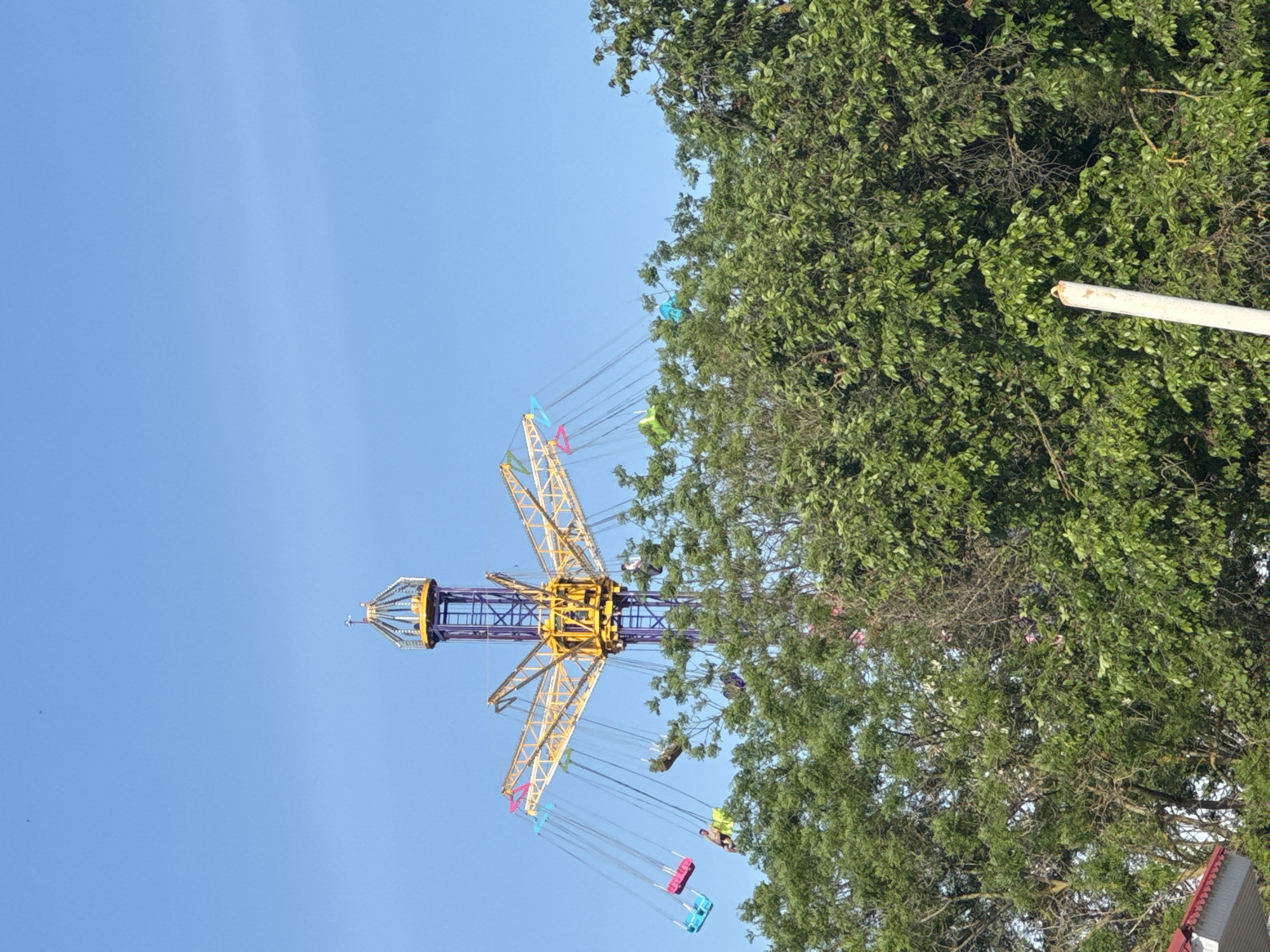 The image shows a wave swinger ride, partially obstructed by trees, against a blue sky. The ride features a central purple tower with a yellow structure on top from which swing seats are suspended. People are visible riding in some of the seats. The location is Yevpatoriya, Ukraine. The right side of the image is dominated by dense green foliage, with a white cylindrical object partially visible among the trees. A building with a red roof is visible at the bottom right corner.