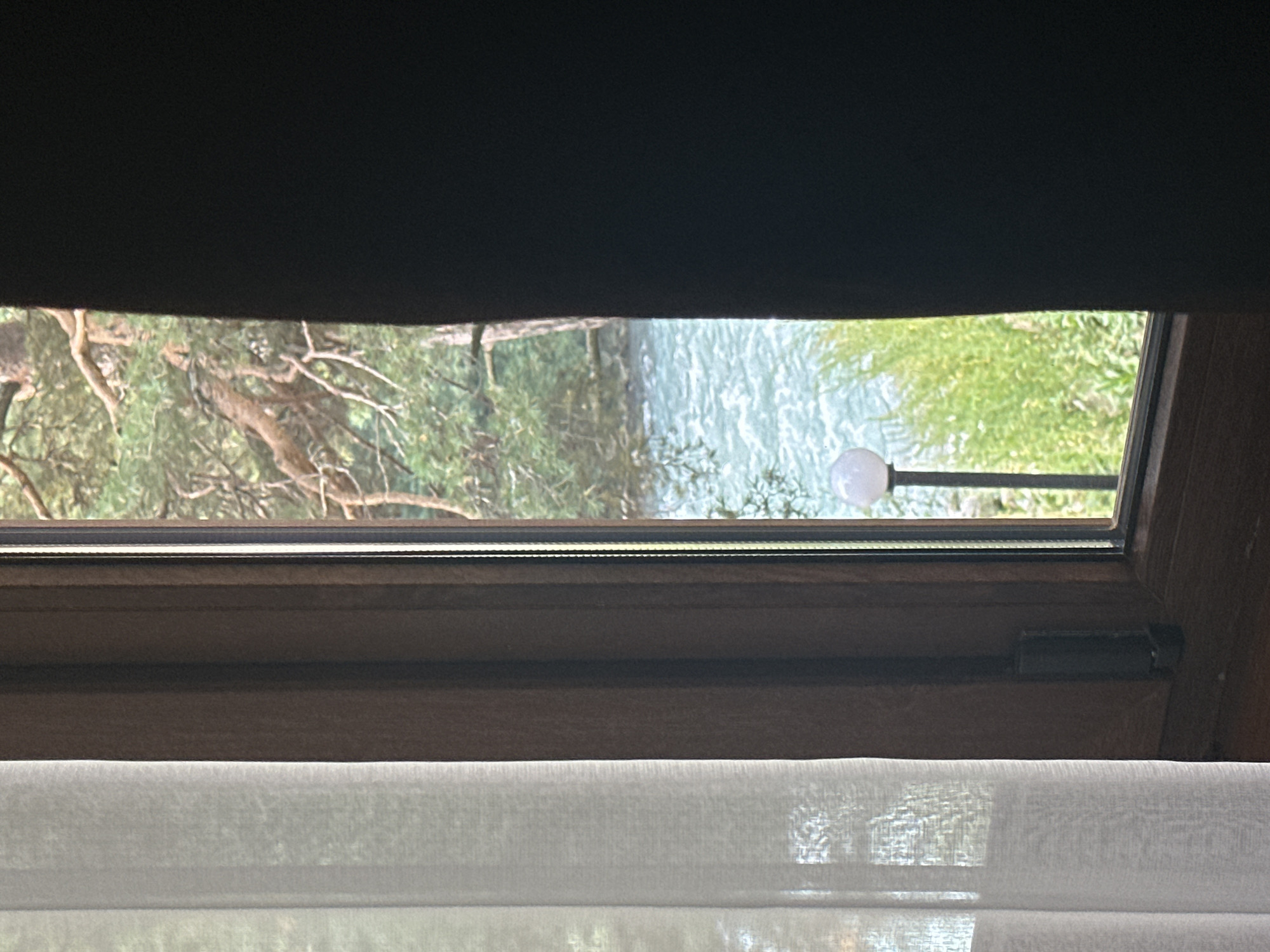 The image shows a view through a window with two curtains, one white and sheer on the left, and a dark curtain on the right. The window looks out onto a natural landscape. A turquoise river with white rapids flows in the middle ground, bordered by lush green vegetation. Above the river, pine trees with bare branches are visible against a backdrop of green foliage. A single, spherical light fixture on a pole stands in the foreground to the right of the river. The window frame is made of dark wood. The scene appears to be a tranquil natural setting, potentially in or near Arkhyz, Russia, given the mountainous terrain and coniferous trees often found in the region.