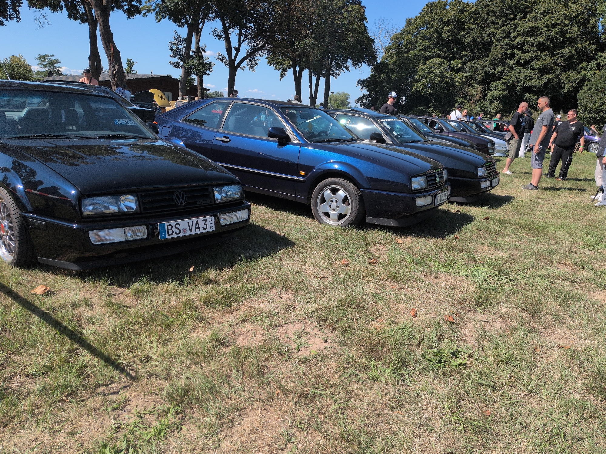A group of people are gathered around a line of parked Volkswagen Corrado cars on a grassy field under a clear blue sky. The cars, predominantly dark colors, are parked parallel to each other. The foreground features a black Volkswagen Corrado, its license plate reading "BS VA3 10". Behind it, a blue Volkswagen Corrado is visible, followed by several other dark-colored Corrados. Several individuals are standing and conversing near the cars. Some are looking at the vehicles, while others are engaged in conversation. Trees with green foliage are in the background, casting shadows on the grass. The environment appears to be an outdoor event or gathering, likely a car show, taking place in Hohenferchesar, Germany.