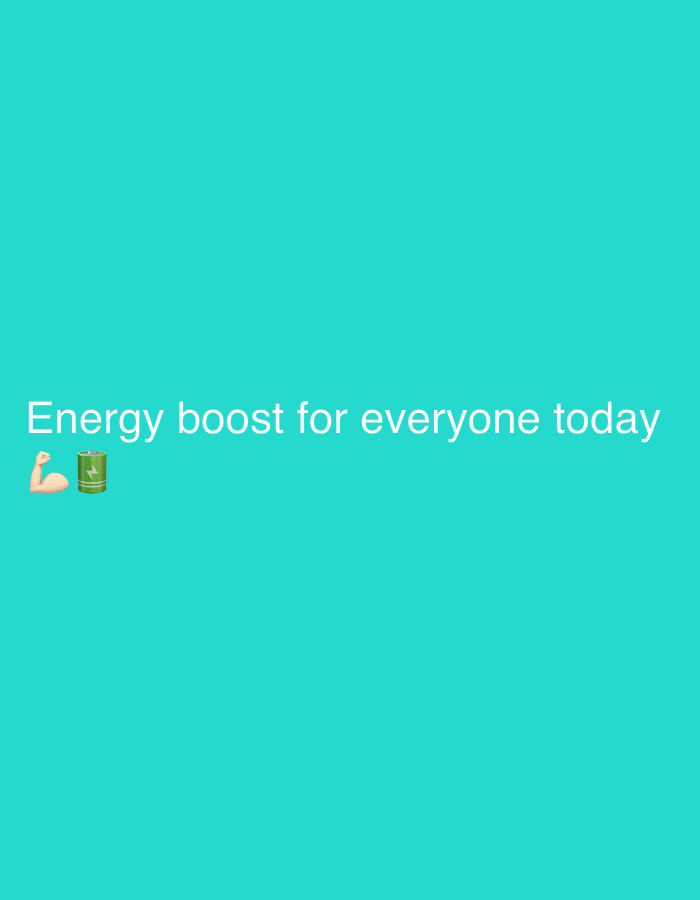 The image is a digital graphic with a bright turquoise background. White text reads "Energy boost for everyone today". To the left of the text are two emojis: a flexing bicep and a green energy drink can with a lightning bolt symbol. There is no discernible location in Novoaltaysk, Russia, or any real-world setting.