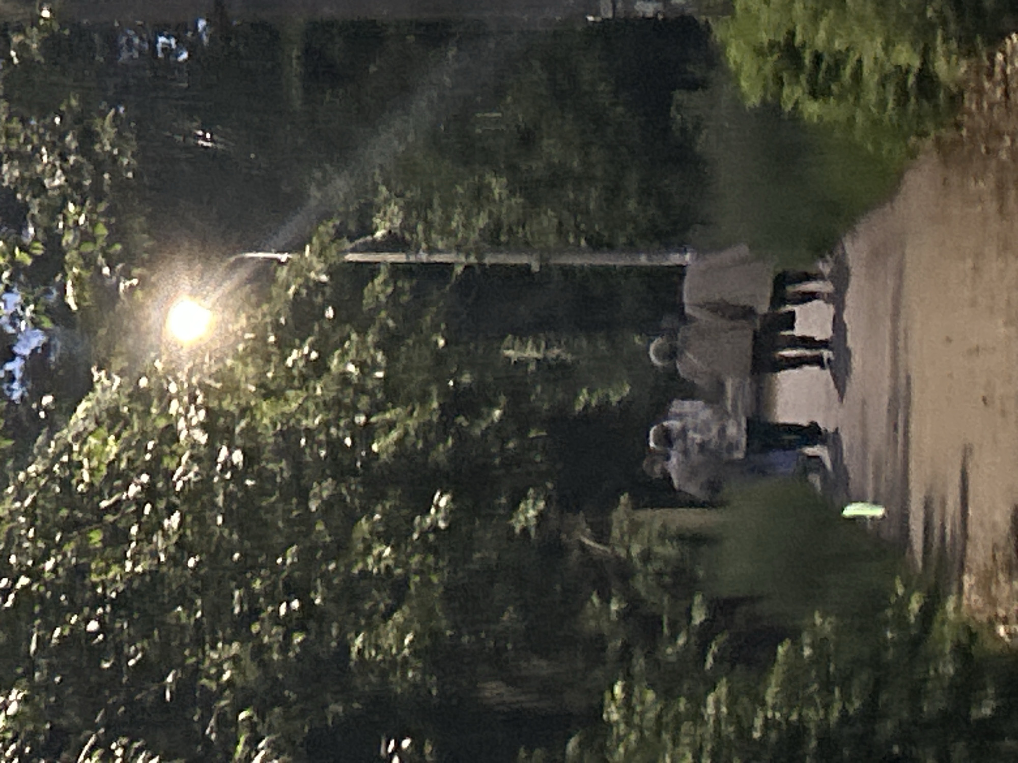 The image depicts a pathway through a park or wooded area with a streetlamp illuminating the scene. Several individuals, appearing to be adults, are walking away from the camera on the path. They are partially obscured by the low light and distance, but seem to be dressed in casual clothing. The path is bordered by lush green vegetation. In the foreground, to the left, a bright green object is visible on the ground. The overall impression is of an evening or late afternoon scene in a natural setting within the city of Chaikovsky, Russia.