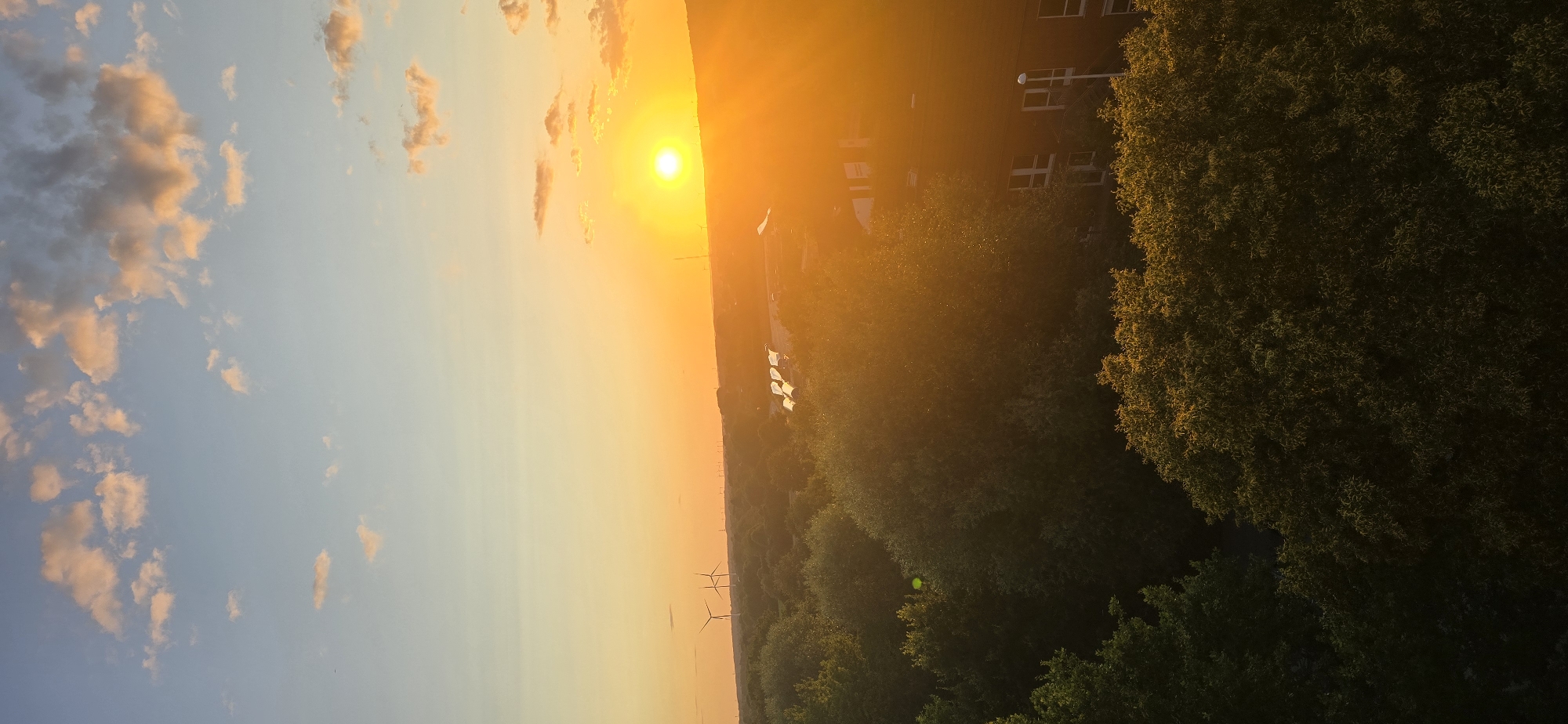 The image depicts a sunset over a city landscape, likely Kiel, Germany, given the presence of wind turbines, which are common in the region. The sky is a gradient of soft blues and oranges, with scattered clouds tinged pink and yellow by the setting sun. The sun itself is a bright, intense orb on the right side of the frame, casting long shadows and bathing the scene in a warm, golden light.
In the mid-ground, a dense canopy of green trees stretches across the landscape. Beyond the trees, a few wind turbines are visible in the distance, their blades silhouetted against the colorful sky. To the right, a multi-story building with visible windows and a lamppost stands partially obscured by the trees and the setting sun's glare. The overall impression is one of a tranquil evening, with nature and urban elements coexisting under a dramatic sky. There are no people or animals visible in the frame.