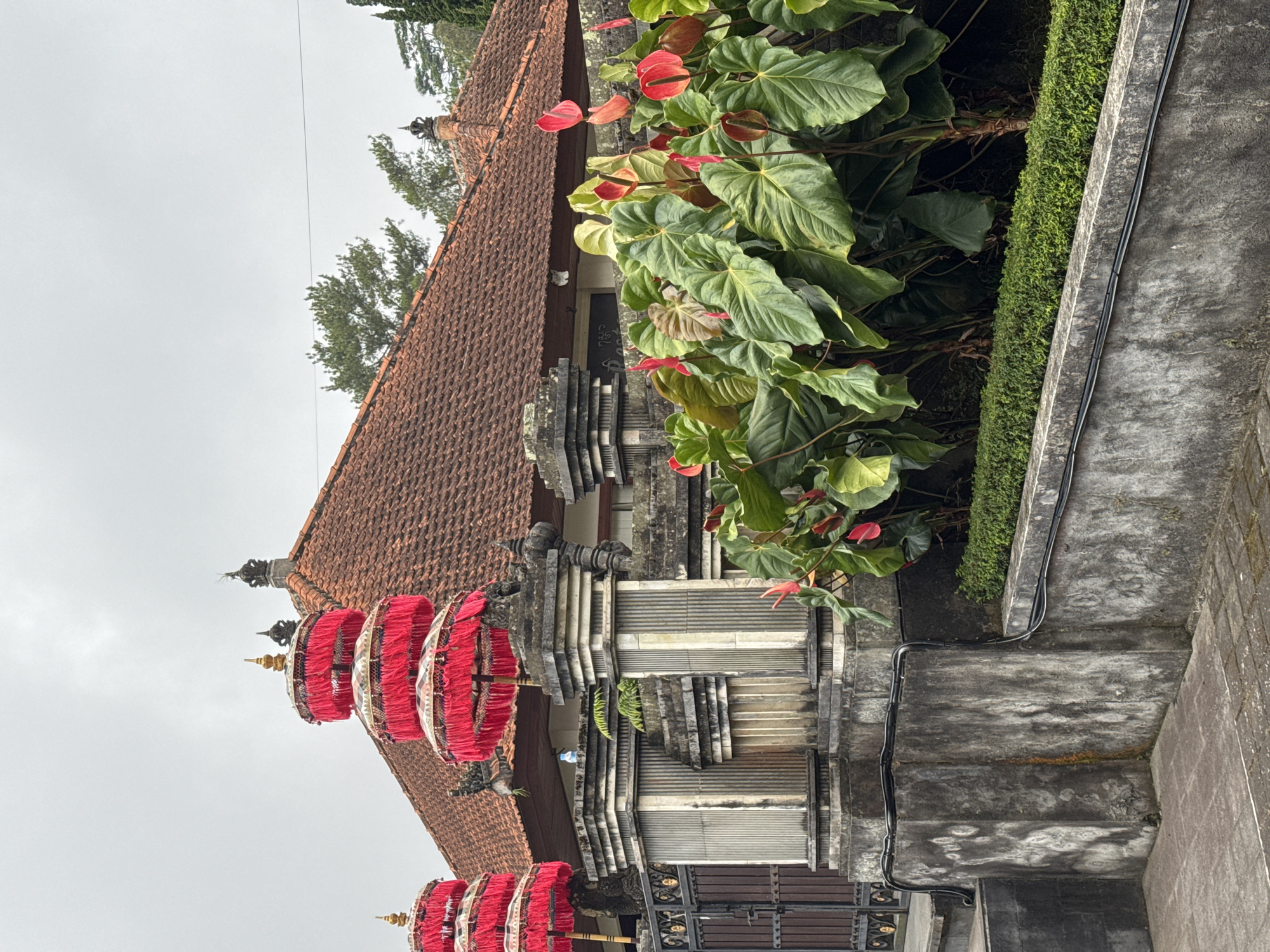 The image shows a section of a building, possibly a temple, with distinctive Balinese architectural features. The building is adorned with red ceremonial umbrellas. A variety of plants are growing alongside the building, including anthuriums with red flowers and broad green leaves. The building has a tiled roof. The sky is overcast. The location appears to be in Bali, but the specific city is not identifiable from the image.