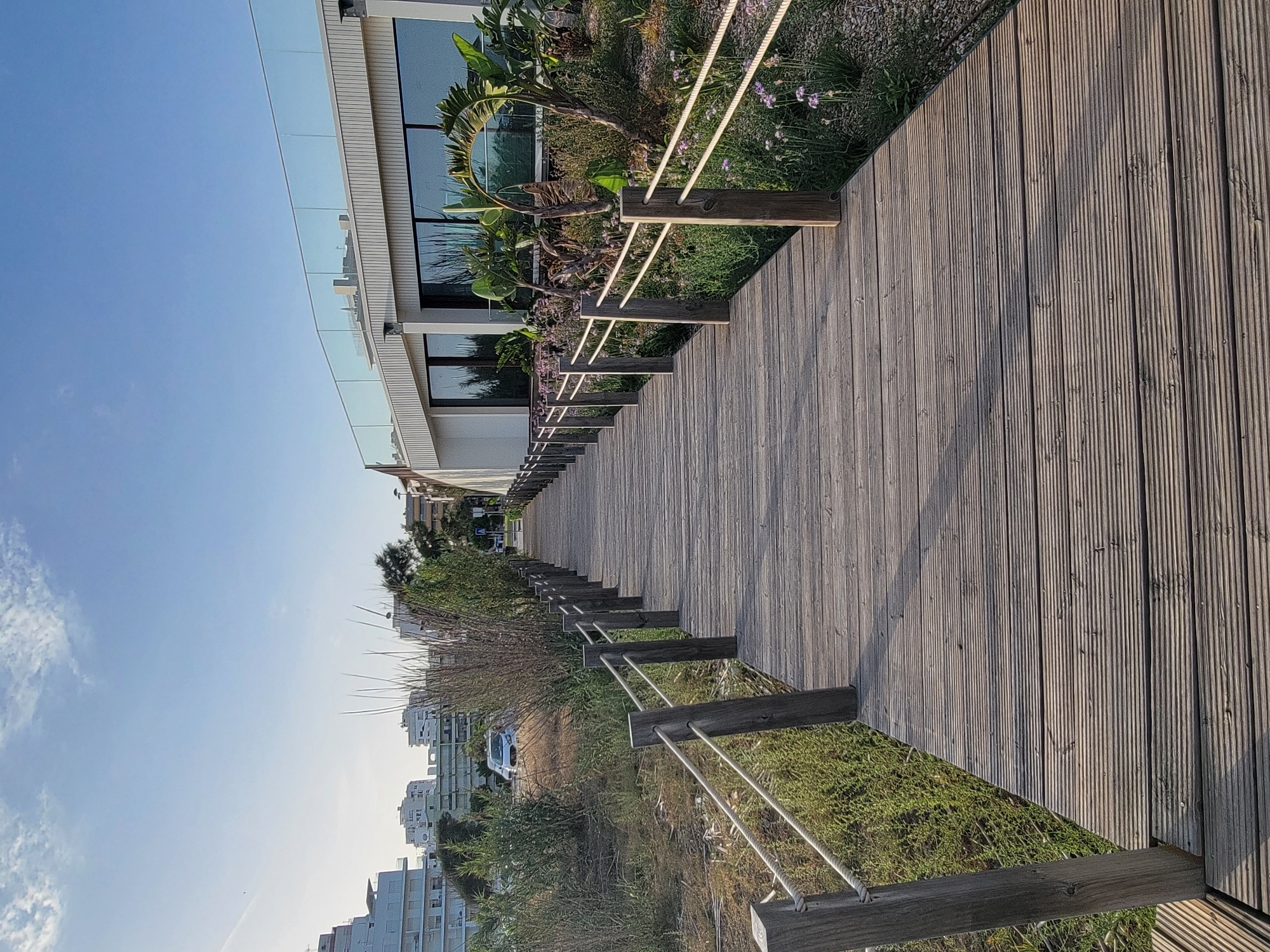 A wooden boardwalk with rope railings leads towards a modern building with a curved glass facade. The building is white with large windows reflecting the blue sky. Adjacent to the boardwalk, on the right, is a landscaped garden with various plants, including palm trees and small purple flowers. On the left side of the boardwalk, there is dry vegetation and sparse green plants. In the background, several multi-story buildings are visible, characteristic of a coastal urban environment. A white car is parked on a road in the middle ground, to the left of the boardwalk. The sky is clear with some wispy clouds. The scene appears to be set in Quarteira, Portugal, likely near the coast.