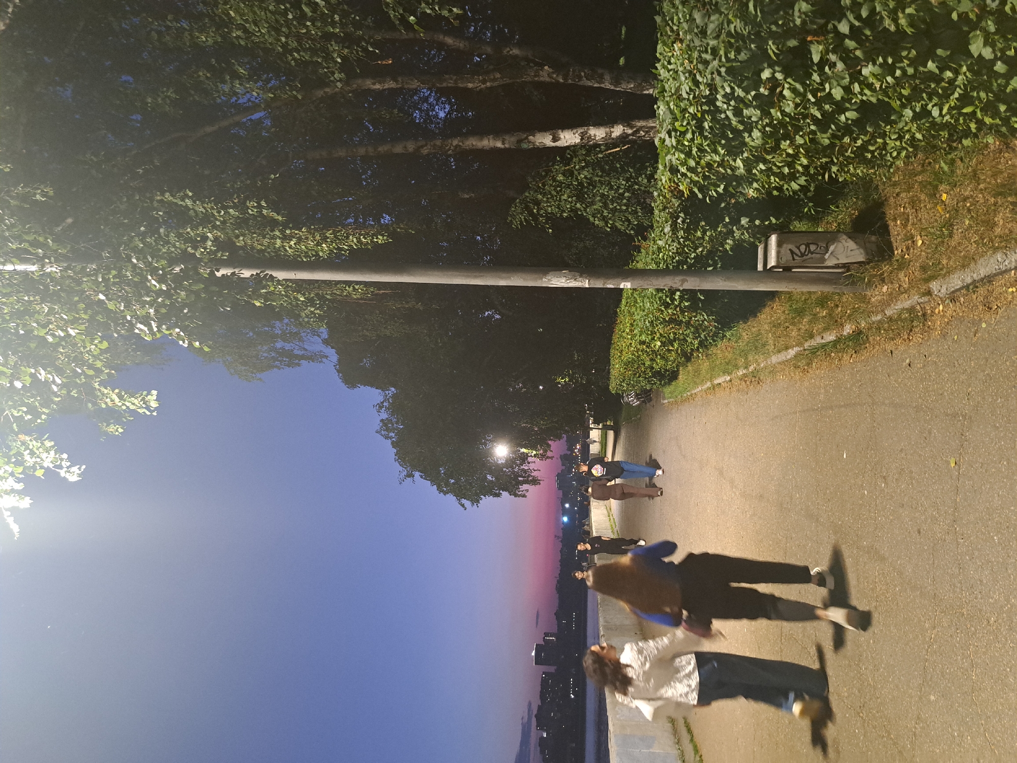 At dusk, two women walk along a paved pathway next to a body of water. The sky displays hues of purple and pink. On the opposite side of the path, a dense hedge runs parallel, with trees behind it. A lamppost stands near the hedge, and a trash receptacle is visible at its base. In the distance, city buildings are illuminated against the twilight sky.