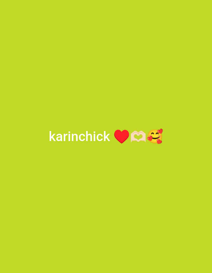 The image has a chartreuse background. "karinchick" is written in white, followed by a red heart emoji, a white hands-making-heart emoji, and a smiling face emoji with hearts around it. There are no specific landmarks or indications of location in Juan Griego, Venezuela. The focus of the image is the text and emojis.