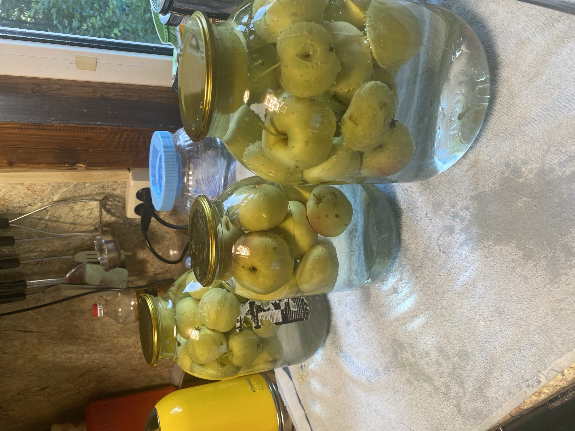 Three large glass jars filled with green apples and clear liquid are arranged on a white textured towel. The jars have gold-colored lids. To the left of the jars, a yellow kitchen appliance, possibly a kettle, is partially visible. In the background, kitchen utensils are hanging on a wall, and a window shows greenery outside. The scene appears to be set in a kitchen environment. The location is Митино, Russia.