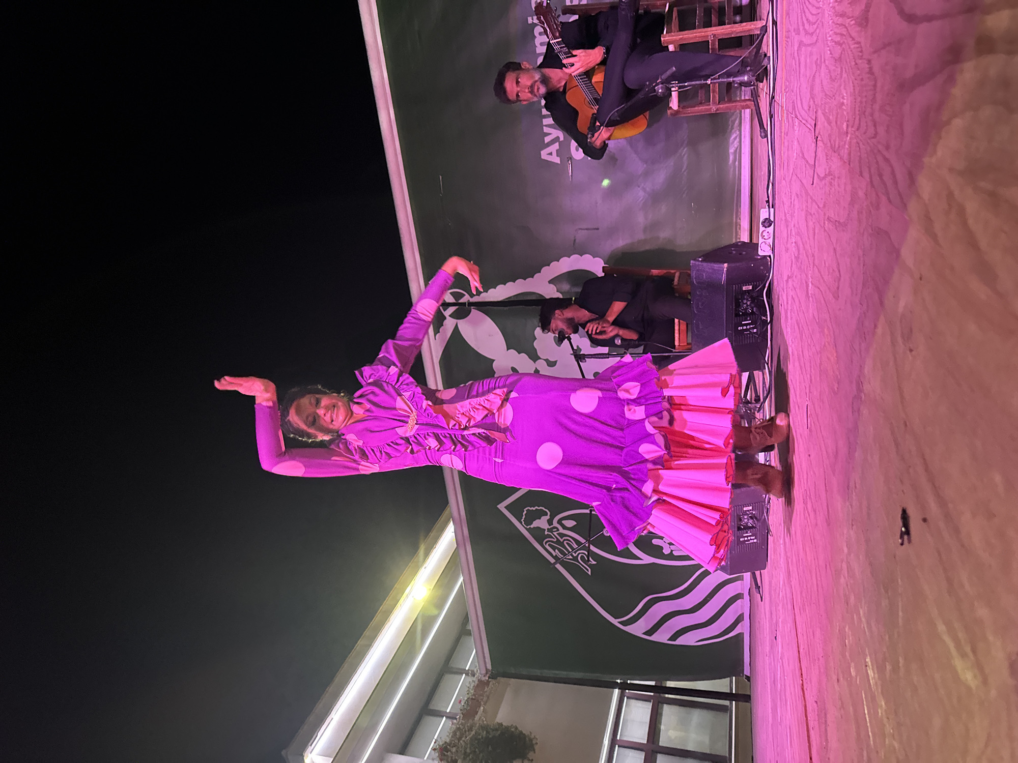 A flamenco dancer in a vibrant pink polka-dotted dress is performing on an outdoor stage at night, bathed in pink lighting. Her arms are raised, one with hand extended, and her face shows concentration and emotion. The dress has ruffled layers at the hem and a ruffled neckline. To her right, a male guitarist in a black suit sits on a wooden chair, playing an acoustic guitar. Behind him, another male musician in a black shirt sings into a microphone, also seated. A dark green banner with a white logo is visible behind the performers. The stage floor is made of wood, and visible equipment includes speakers and microphone stands. The background shows a building with illuminated windows and a dark night sky. The event appears to be held in the city of San José Del Valle, Spain, as indicated by the visible text on the banner which reads "Ayuntamiento" followed by Spanish words.