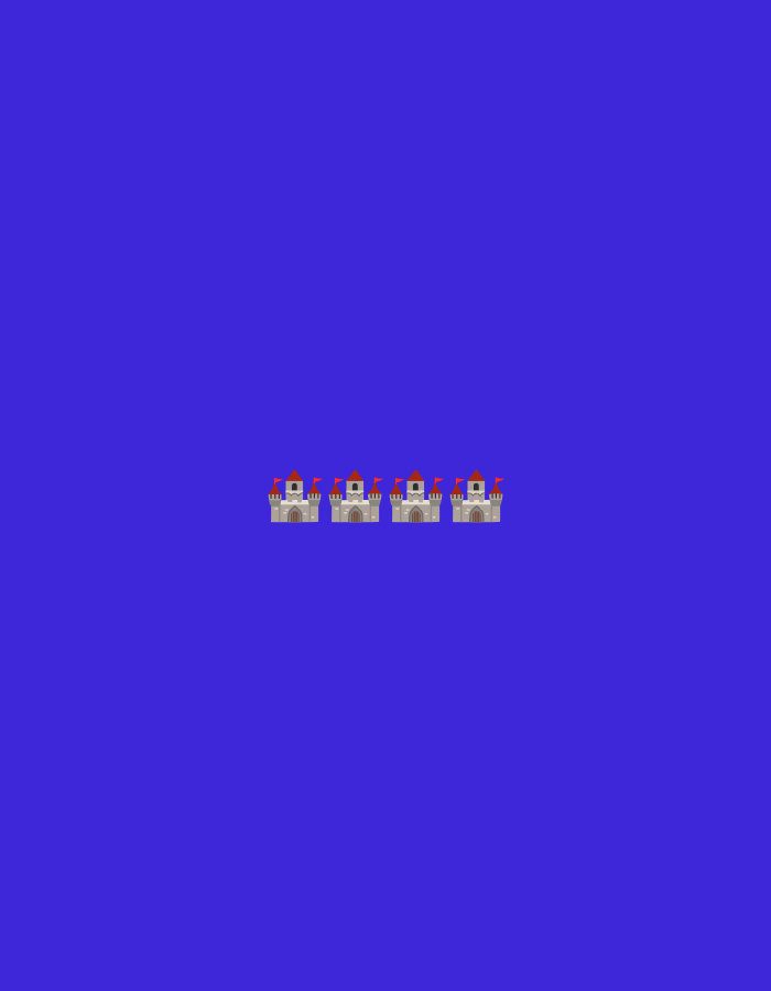 Four cartoon-style castles with red flags on their turrets are arranged in a horizontal line in the center of a solid royal blue background. The castles are grey with red roofs and small windows.