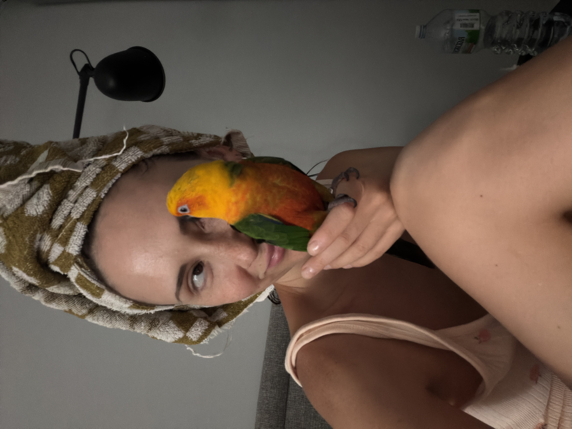 In an indoor scene with a gray wall and a gray upholstered headboard, a woman with a towel wrapped around her head looks to her left, her head tilted slightly. She is wearing a light pink tank top. A small parrot, predominantly yellow and orange with green wings, is perched on her hand, which is held up near her face. The parrot is looking forward. To the right of the woman, a black lamp with a rounded shade is mounted on the wall. A plastic bottle of water is visible on a surface in the background on the right. The scene appears to be a bedroom. The image is not cropped to show the city of Khimki, Russia.
