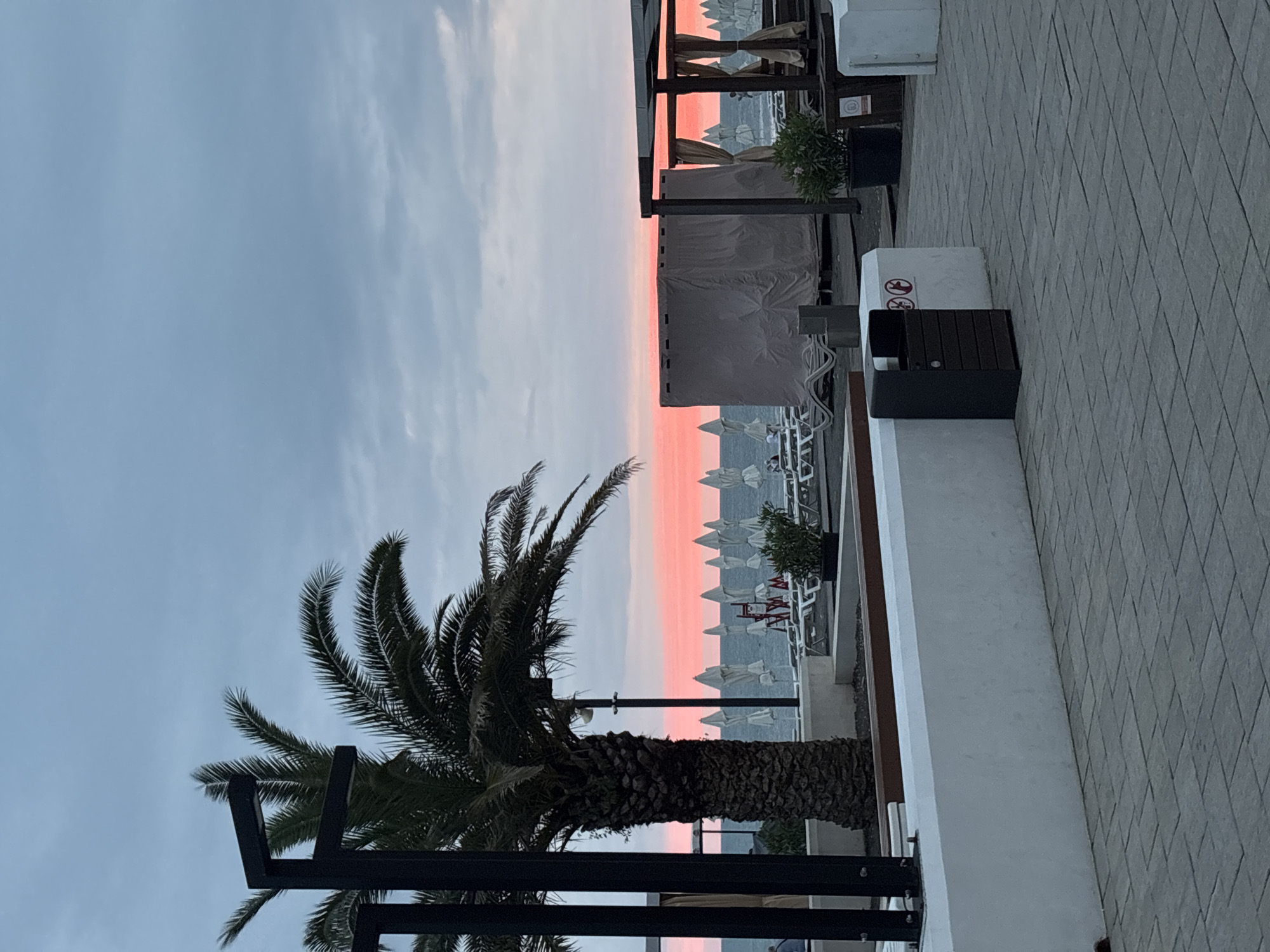 The image shows a beachside scene at dusk in Sochi, Russia, with a vibrant pink and orange sunset visible over the Black Sea. In the foreground, a paved walkway leads towards a white concrete wall. To the left, a tall palm tree stands next to a modern black lamppost. Beyond the wall, rows of empty lounge chairs and closed white umbrellas are set up on the beach, suggesting a resort area. Further back, a covered structure with draped fabric and a smaller open-air cabana are visible. The sky is a mix of blue and gray clouds, with the striking sunset dominating the horizon. There are no people clearly visible in the immediate foreground or midground, though there might be distant figures on the beach. A dark gray trash receptacle is positioned near the white wall. The overall impression is a serene, end-of-day atmosphere at a seaside resort.