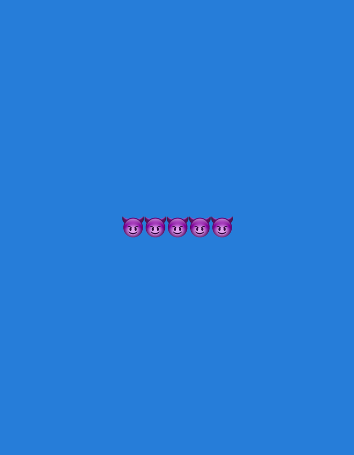 Five purple devil emojis are arranged in a horizontal line in the center of a solid blue background. There is no identifiable location in the city of Gorzow, Poland.