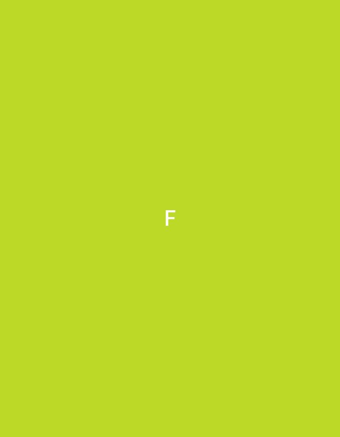 The image presents a solid, uniform background of a vibrant yellowish-green color. Centered horizontally and vertically within this field is a single, uppercase letter 'F' rendered in solid white. The letter exhibits clean, sharp edges and is devoid of any additional textures, shadows, or stylistic elements. No other discernible subjects, objects, people, actions, interactions, or environmental features are present. The image does not depict a real-world scene, location, or any specific context related to the city of Casablanca, Morocco.