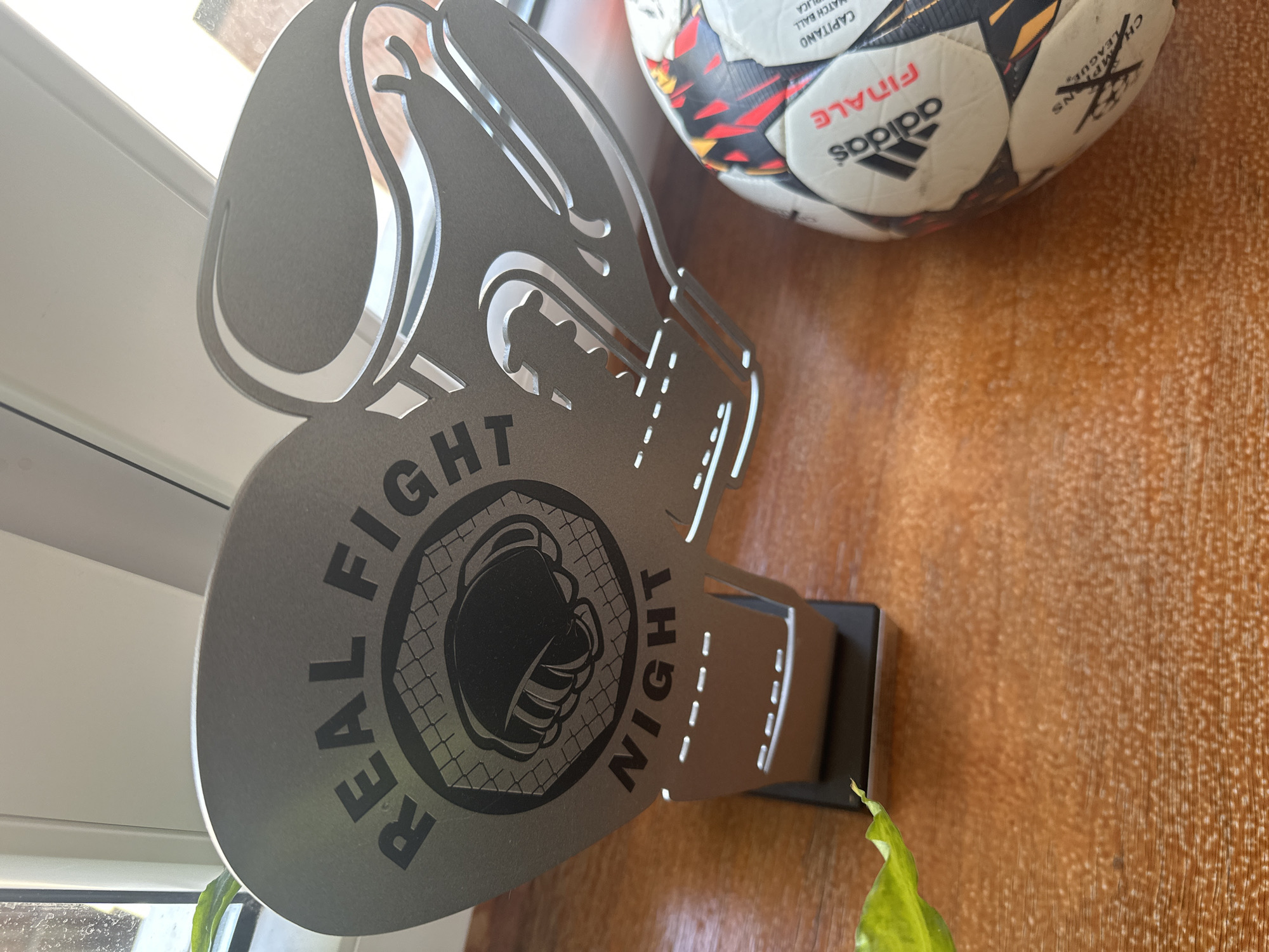 A metallic trophy shaped like boxing gloves with "REAL FIGHT NIGHT" etched onto it stands on a wooden surface. Next to the trophy is an Adidas soccer ball, featuring the "Finale Capitano" and "Champions League" markings. A green leaf is visible in the lower left corner of the image. The scene is illuminated by natural light coming from a window. The image depicts an indoor setting, likely a shelf or table, within a residential or private space. There is no discernible indication of a specific location in Łódź, Poland.