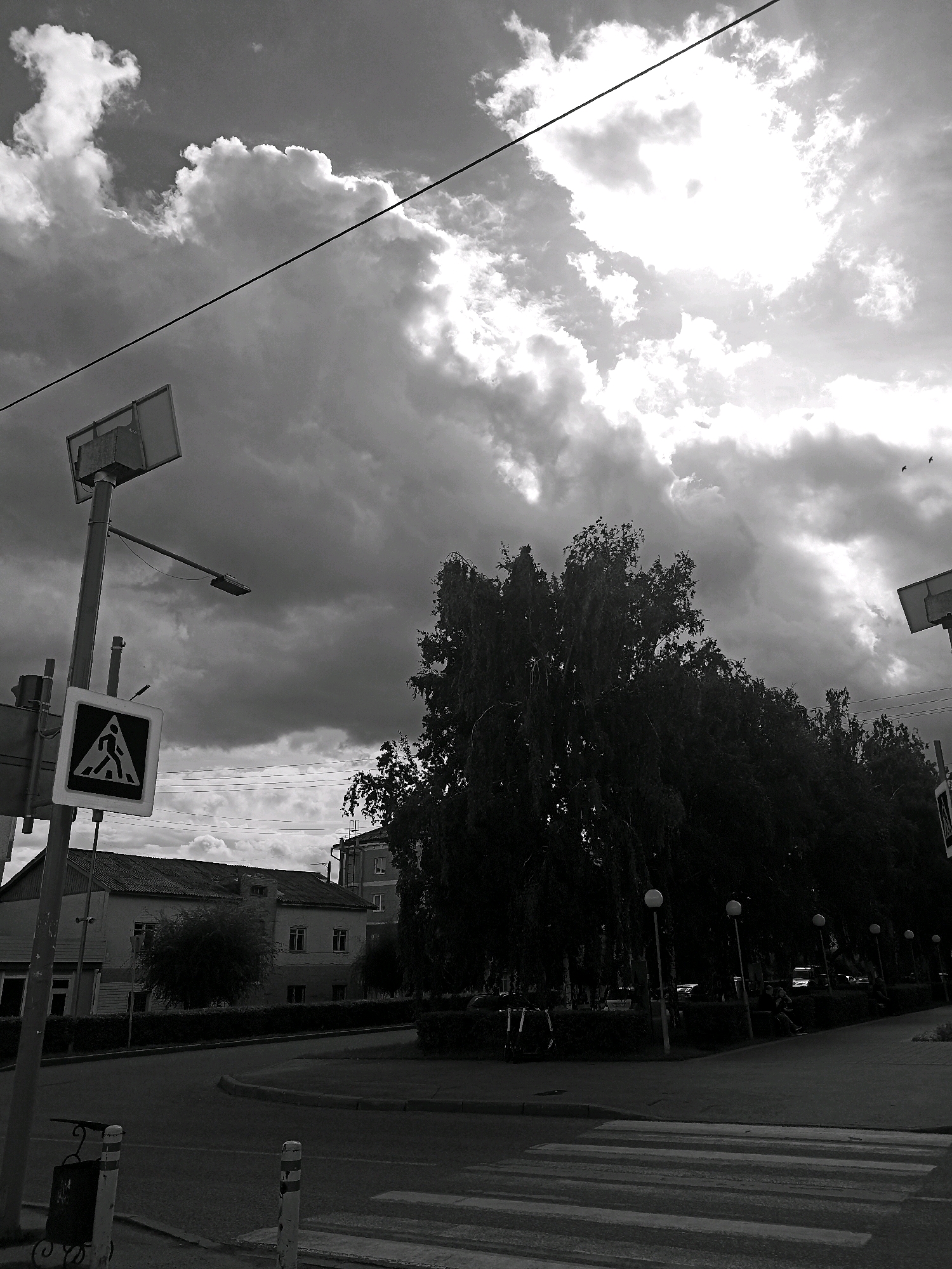 The image captures a street scene in Belovo, Russia, characterized by dramatic, overcast skies with bright sunbeams breaking through the clouds. A prominent pedestrian crossing is visible in the foreground on an asphalt road. To the left, a street light and a pedestrian crossing sign are mounted on a pole. Behind the pole, a two-story building with a pitched roof and multiple windows is situated. A row of trees lines the right side of the road, casting a dark shadow, with streetlights visible among them. In the distance, several parked cars are partially obscured by the trees. Two birds are seen in flight against the bright sky. The overall impression is a slightly ominous, yet potentially beautiful, day in a Russian city.