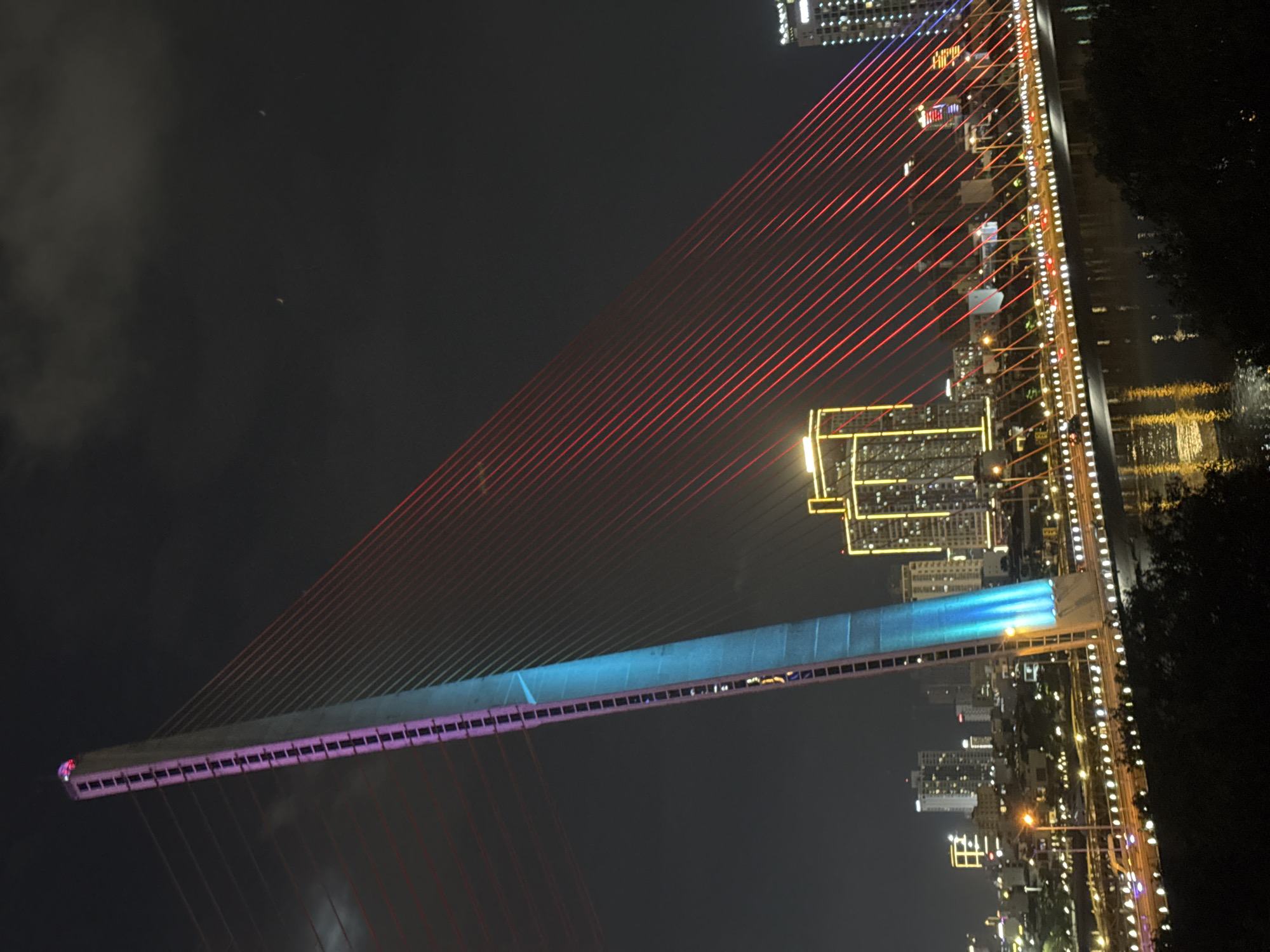 This nighttime photograph captures a modern cable-stayed bridge in Da Nang, Vietnam, illuminated with vibrant colors against a dark sky. The scene is dominated by the bridge's striking architectural features and the surrounding city lights.
The bridge's main pylon and deck are dramatically lit, transitioning from purple at the base to a glowing blue along the mid-section of the bridge's spine. Numerous cables, painted in a distinct red hue, fan out from the pylon, creating a series of sharp, parallel lines that contrast with the dark sky. The bridge deck itself is lined with warm white lights, which also cast reflections onto the water below, suggesting a river or bay.
On both sides of the bridge, the distant cityscape is visible, characterized by numerous illuminated high-rise buildings. These structures contribute to a dense pattern of yellow and white lights that stretch along the horizon. The water beneath the bridge is dark but reflects the brilliance of the city and bridge lights. The sky is largely dark, with some faint, dark cloud formations visible in the upper left corner and a few minuscule light specks, possibly distant aircraft or stars.
The image focuses on the aesthetic appeal of urban infrastructure at night, emphasizing the city's modern development and vibrant atmosphere. There are no individuals or specific activities discernible, with the scene celebrating the interplay of light, architecture, and water. No visible text is present in the image.