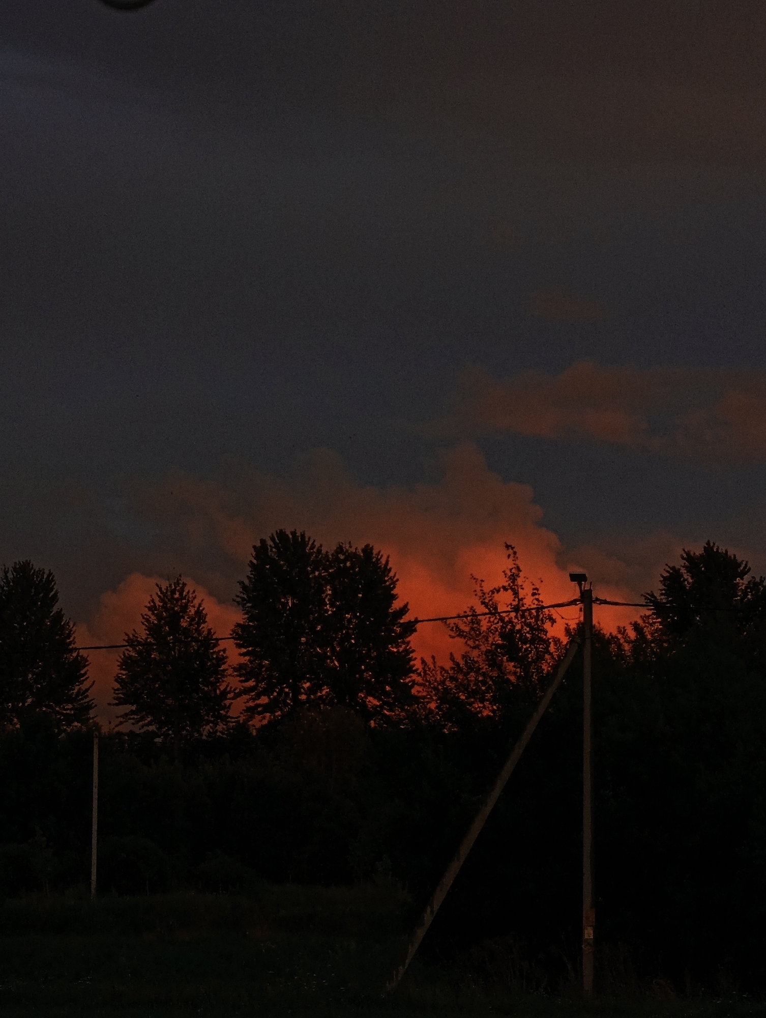 The image depicts a dusky sky with dramatic orange and red clouds illuminated by the setting sun. Silhouetted against the vibrant sky are the dark shapes of trees, primarily deciduous, with some appearing to be poplars due to their height and shape. In the foreground, a dark, indistinct line of vegetation and grass is visible, suggesting a rural or semi-rural setting. A utility pole with wires runs diagonally across the lower right portion of the frame, adding a man-made element to the natural landscape. The overall mood is somber and atmospheric. No specific location in Minsk, Belarus is identifiable from the visual cues.