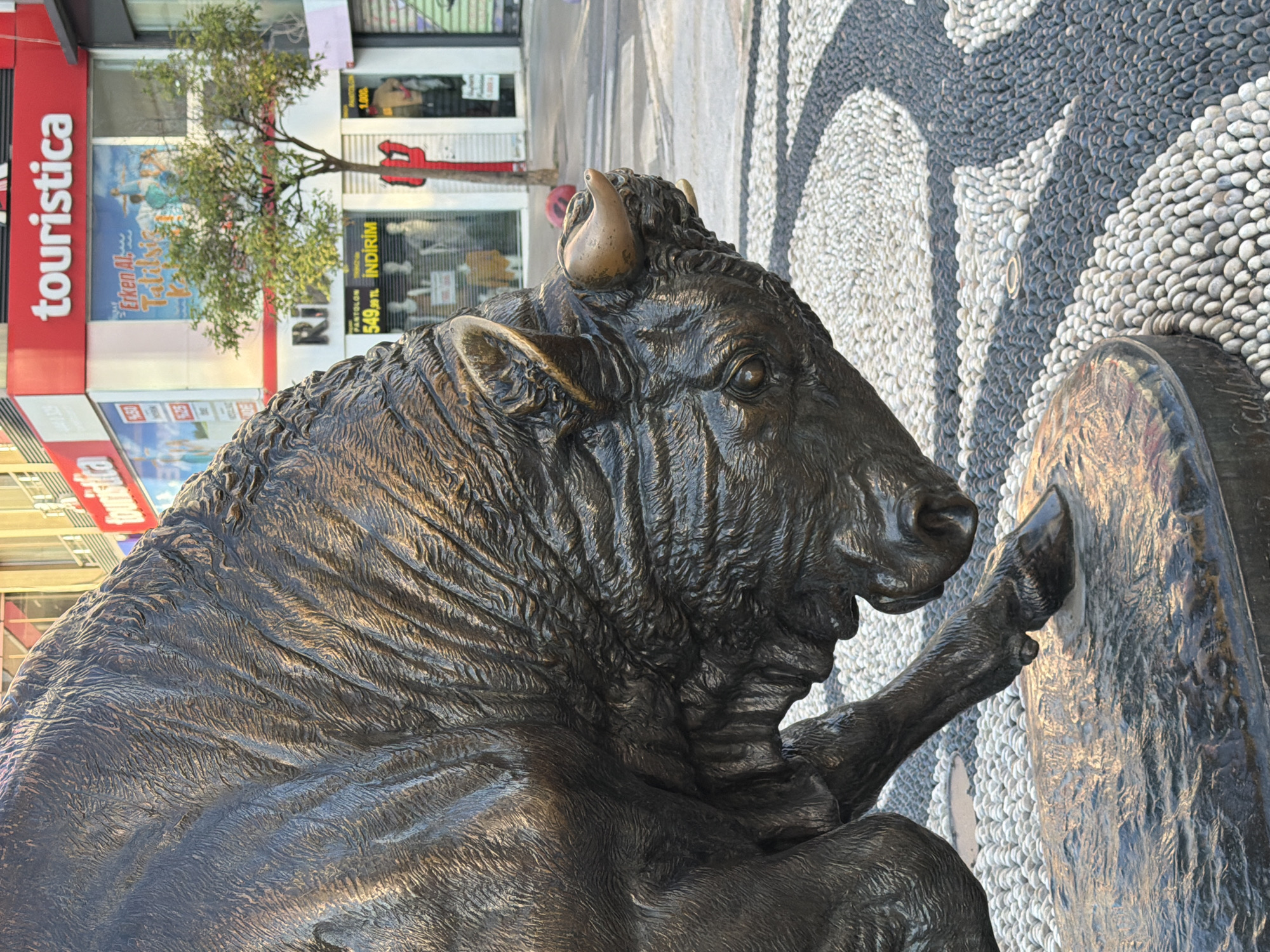 The image shows a close-up of a bronze sculpture of a bull's head and partial torso, positioned outdoors on a patterned cobblestone ground. The sculpture is dark brown and appears to have detailed texturing of fur. The bull's head is turned to the right, with one horn visible. In the background, there is a street scene with buildings. One building features a red awning with the word "touristica" in white letters. Below this, a shop window displays a travel advertisement with people at a beach. Other shopfronts are visible, some with clothing displays and price tags. A young tree stands between the sculpture and the buildings. The ground beneath the sculpture is a mosaic of white and dark gray pebbles arranged in a swirling pattern. A portion of the sculpture's front leg is visible, resting on a textured bronze base. The overall impression is of an urban public art installation. This sculpture is located in Kadıköy, Turkey, likely in an area with shops and pedestrian traffic.