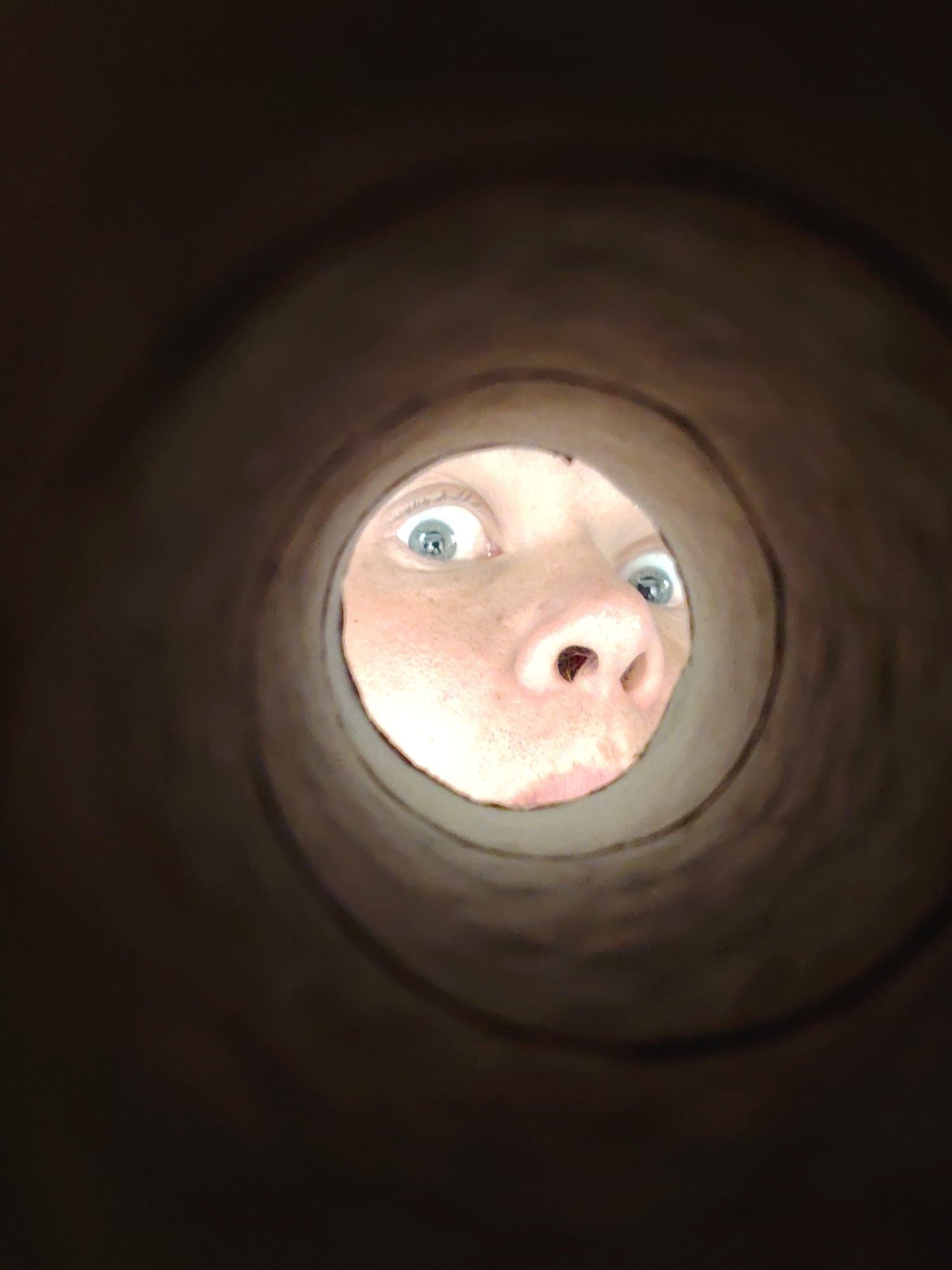A person's face is visible through a circular opening in a dark, cylindrical object. The person's eyes are wide and looking directly at the camera. Their nose is also visible, with nostrils clearly defined. The skin appears fair and has some texture. The background is a dark, blurry, and textured surface, suggesting the inside of the cylinder. The overall impression is that the person is peeking through a hole. The image does not contain any information about the city of Chaikovsky, Russia.