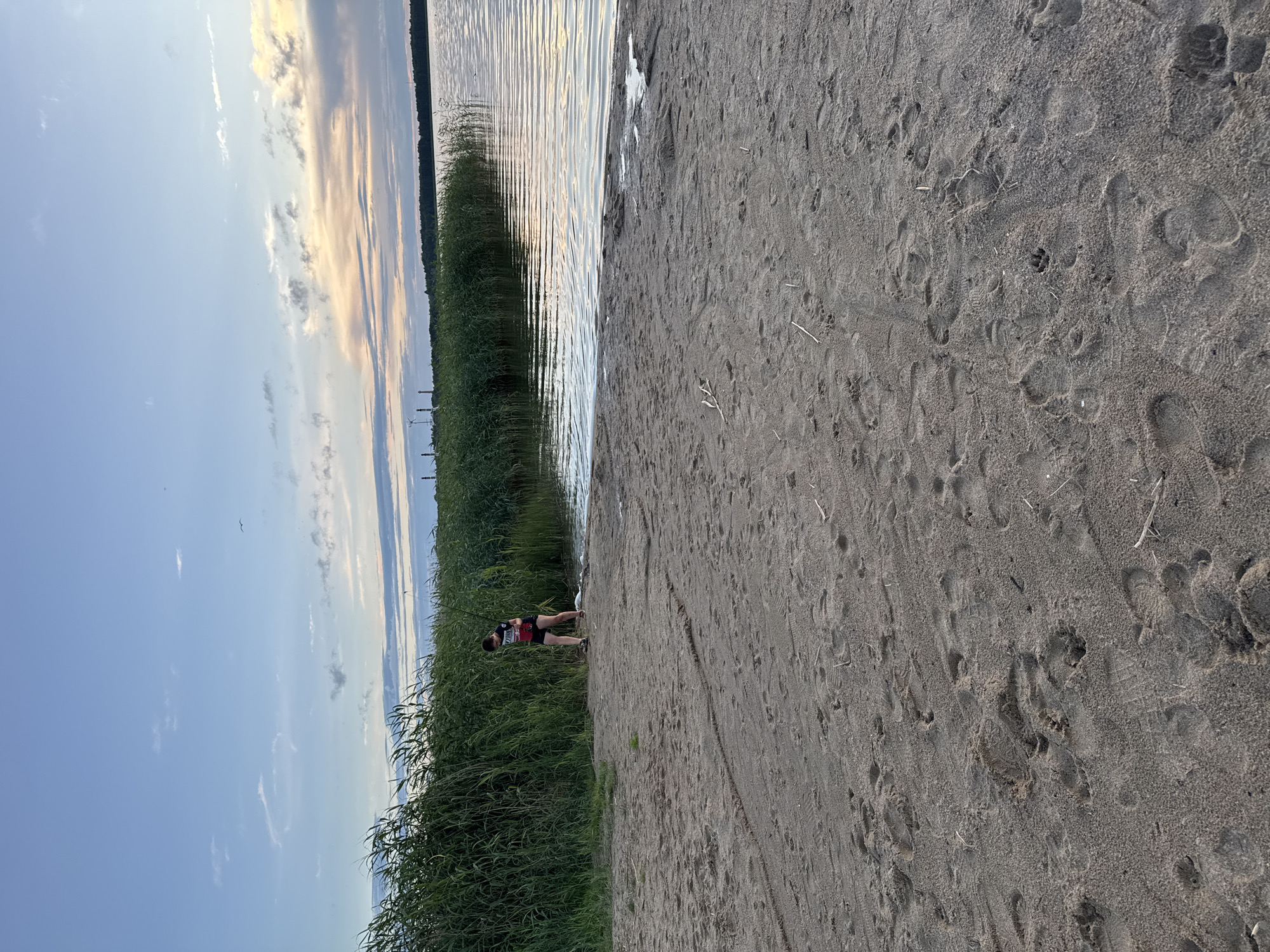 A young person stands on the sandy shore of a body of water, facing away from the camera and towards a line of tall green reeds that border the water. The person is wearing a dark t-shirt with red accents and dark shorts. They appear to be holding a fishing rod. The water is calm with gentle ripples, and the sky above is a soft blue with scattered clouds, tinged with the warm colors of sunset. The sandy beach is covered in footprints and some scattered dry grass. In the background, across the water, a distant treeline is visible, and further in the distance, structures that may be industrial or part of a harbor can be seen. The scene evokes a sense of tranquility and outdoor recreation. The location is not specified in the image or provided crops, therefore it cannot be identified as Tallinn, Estonia.