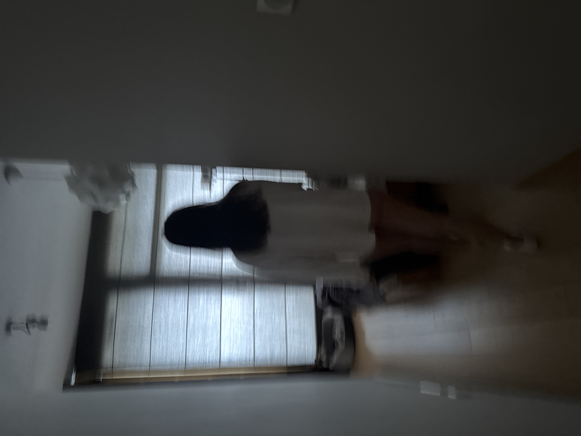 The image depicts a blurred view of a room. A person with dark hair is standing near a window covered with blinds. The person appears to be wearing a white shirt and pink shorts. The room has light-colored walls and a wooden floor. Other details are not discernible. There is no indication of the location being Warsaw, Poland, or any other specific place.