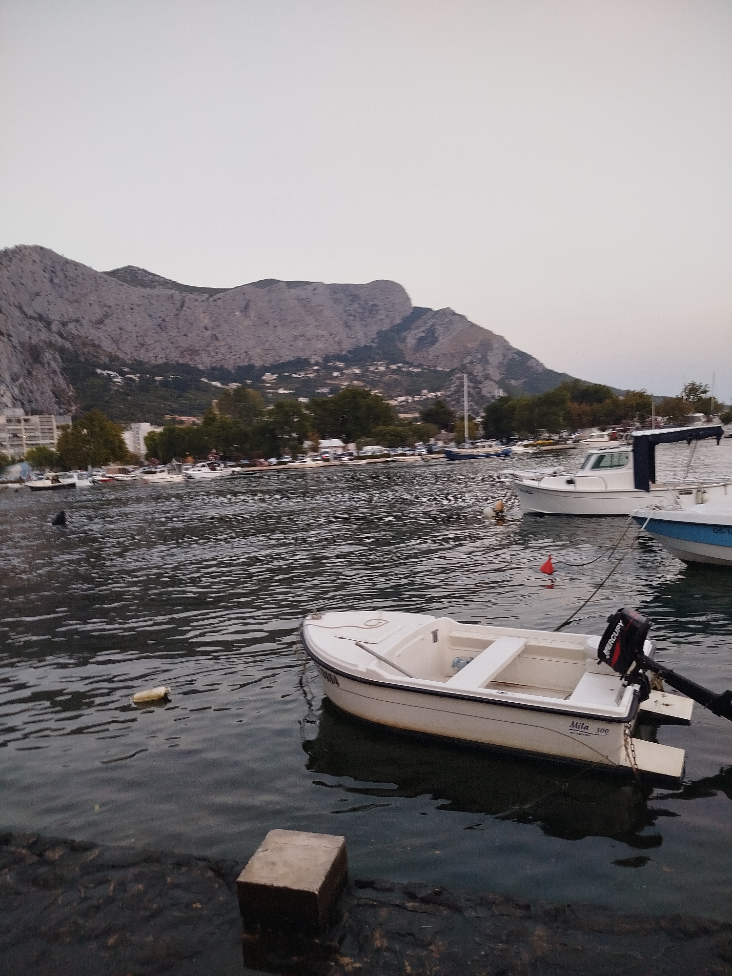 This is a medium-angle, eye-level, vertical shot of the waterfront in Omiš, Croatia. The sky is overcast and a pale grey. In the background, a rugged, rocky mountain range rises above a densely forested hillside dotted with buildings. The mountain's peak is sharp and irregular. Below the mountains, a line of trees separates the hills from the water.
The water is dark and rippling, with visible waves. Several boats are moored in the water. In the foreground, a small, white motorboat with a black Mercury outboard motor is tethered. Its hull has the designation "Mila 300" on it. To its right, another white boat with a blue trim is partially visible. Further out in the water, other boats, including a larger white motorboat with a dark canopy, are moored. A bright orange buoy is visible in the water. On the left side of the frame, a dark, rectangular object, possibly a stone, is partially submerged in the water near the rocky shore. A few plastic bottles and buoys are also floating on the water's surface. The overall impression is a quiet, overcast day by the sea.