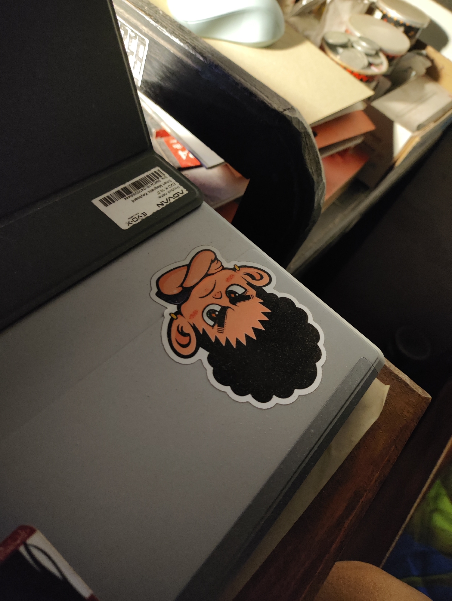 An overhead shot shows a sticker of a cartoon face with orange skin, a black afro, and a red hat with a brim. The sticker is placed on a grey laptop. A label on the laptop reads "EVO X 15.0" and "ADVAN." The laptop is on a wooden desk with stacks of papers and containers in the background. The scene is indoors.
