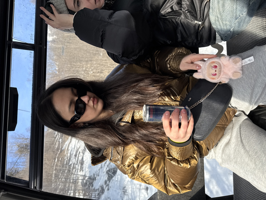 The image captures two individuals seated inside what appears to be a cable car or gondola, traveling through a snowy, mountainous landscape in Alagna Valsesia, Italy. The setting suggests a bright, sunny winter day.
In the foreground, a young woman with long dark hair is visible, wearing a shiny gold puffer jacket and black rectangular sunglasses. She holds a red and silver Red Bull can in her right hand. Her expression is neutral, and she appears to be looking towards the viewer. She is also wearing light grey sweatpants, and on her lap, next to a small black shoulder bag with a silver chain, rests a distinctive light pink furry keychain or toy with red eyes and a small mouth. A fabric tag, partially visible on the toy, contains some unreadable text.
Behind her, another individual is partially visible, wearing a grey knitted beanie and a black puffer jacket. Only the side of her face and one hand are seen, and she appears to be looking out the window or slightly away.
Through the large windows of the cable car, a clear blue sky and snow-covered trees on mountain slopes are visible, indicating a high-altitude winter environment. The sunlight illuminates the interior and reflects off the windows. The interior structure includes dark framing around the windows and patterned grey seating. The overall scene depicts a relaxed journey through a picturesque winter landscape.