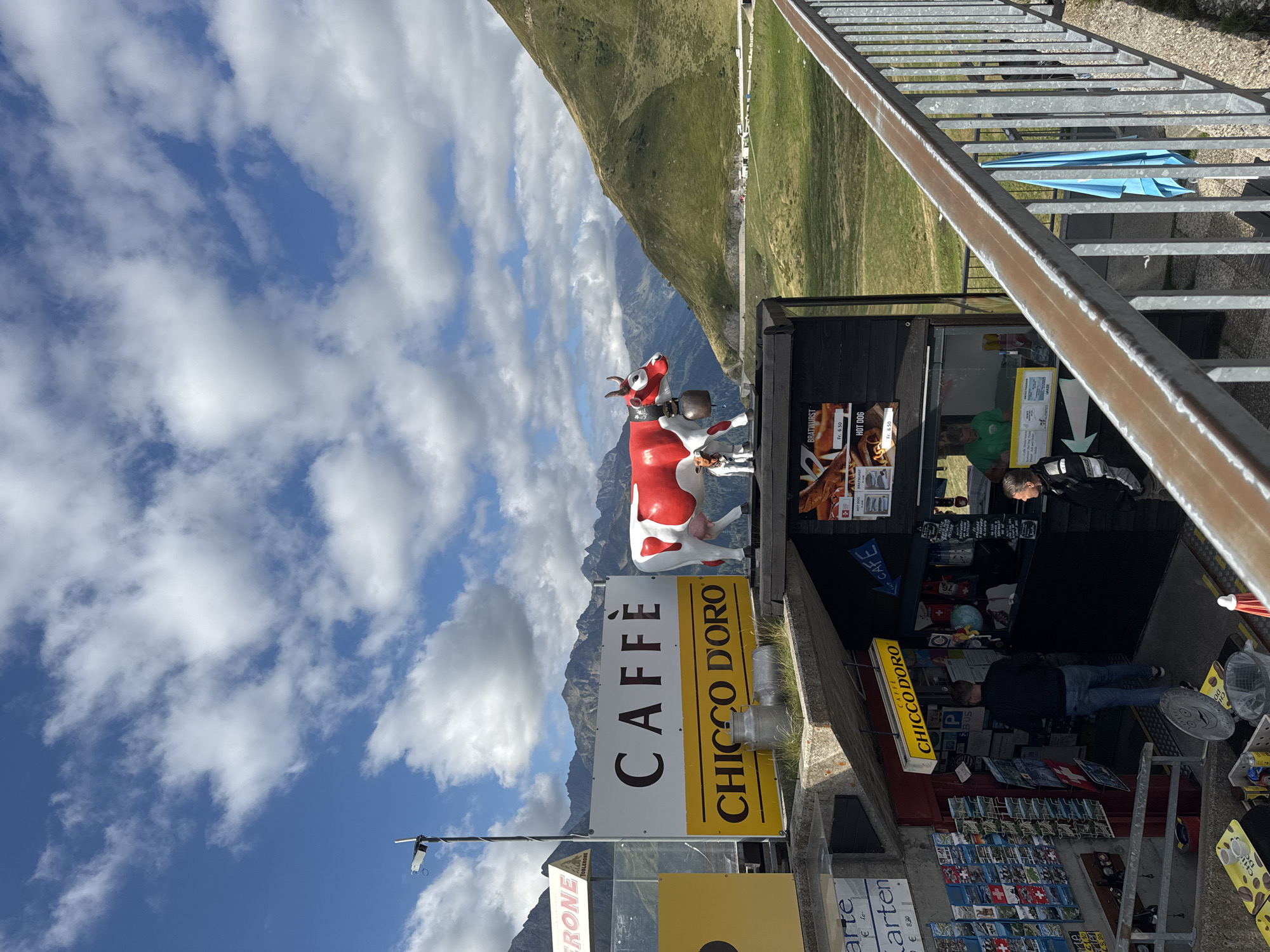 The image captures a picturesque mountain scene in Airolo, Switzerland, featuring a small cafe named "CAFFÈ CHICCO D'ORO". A large, decorative red and white cow statue stands prominently on top of the cafe, accompanied by a smaller cow figurine. In the background, majestic Swiss Alps rise under a partly cloudy sky, with a winding road visible on the mountainside. The cafe itself is built into a concrete structure, with an entrance area displaying postcards and travel brochures. Inside the cafe, two individuals are visible; one, a man in a dark jacket and jeans, is standing near the entrance, while another person, wearing a green shirt, is behind the counter. A metal railing lines the foreground, leading the viewer's eye towards the cafe and the stunning mountain landscape. The overall impression is one of a charming, scenic stop in the Swiss Alps, offering refreshments and local charm.